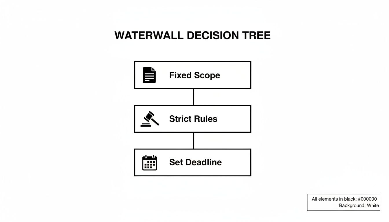 A waterfall decision tree diagram showing 'Fixed Scope', 'Strict Rules', and 'Set Deadline' in sequence.