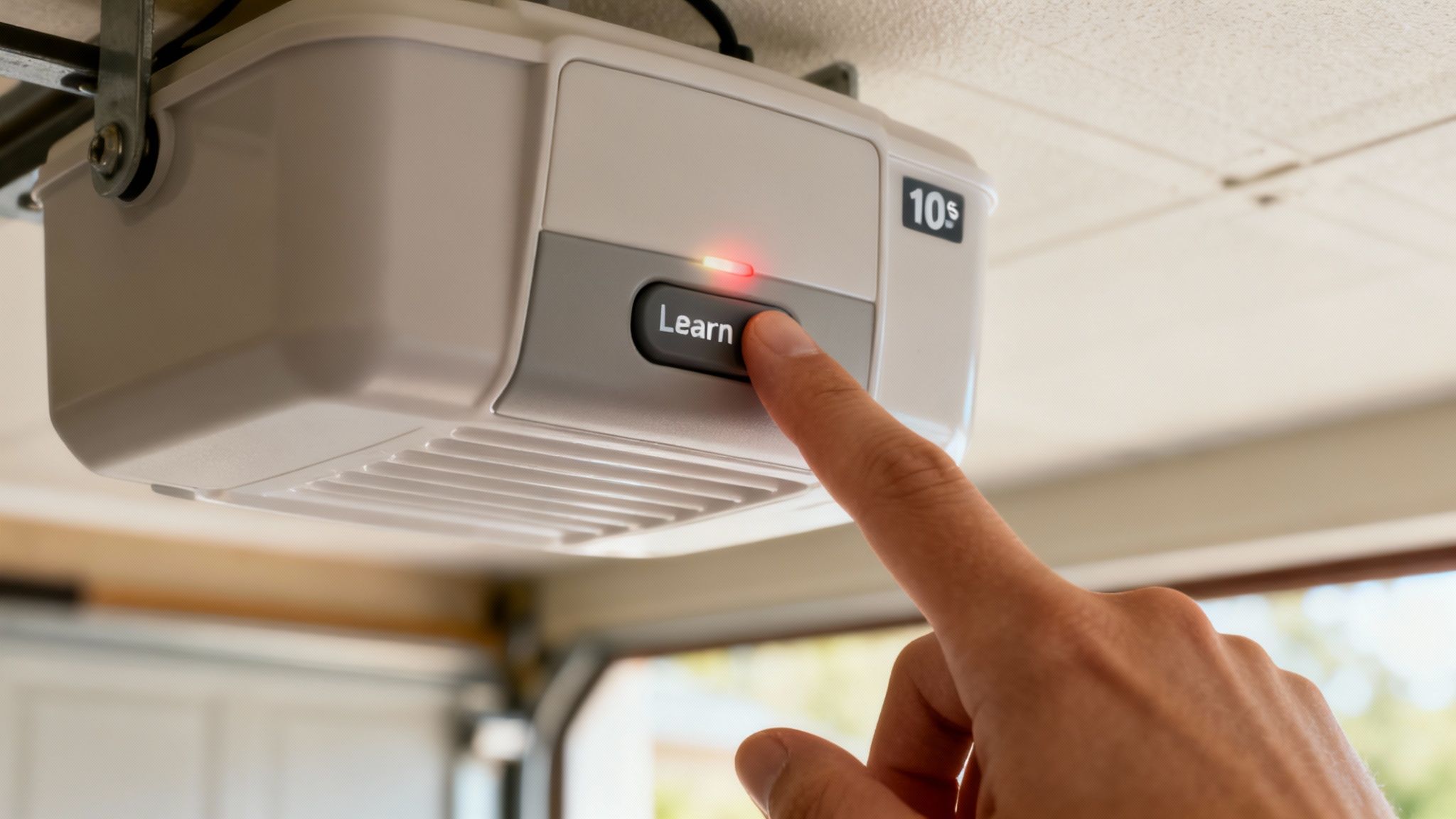 A person's hand pressing the learn button on a garage door opener motor unit.