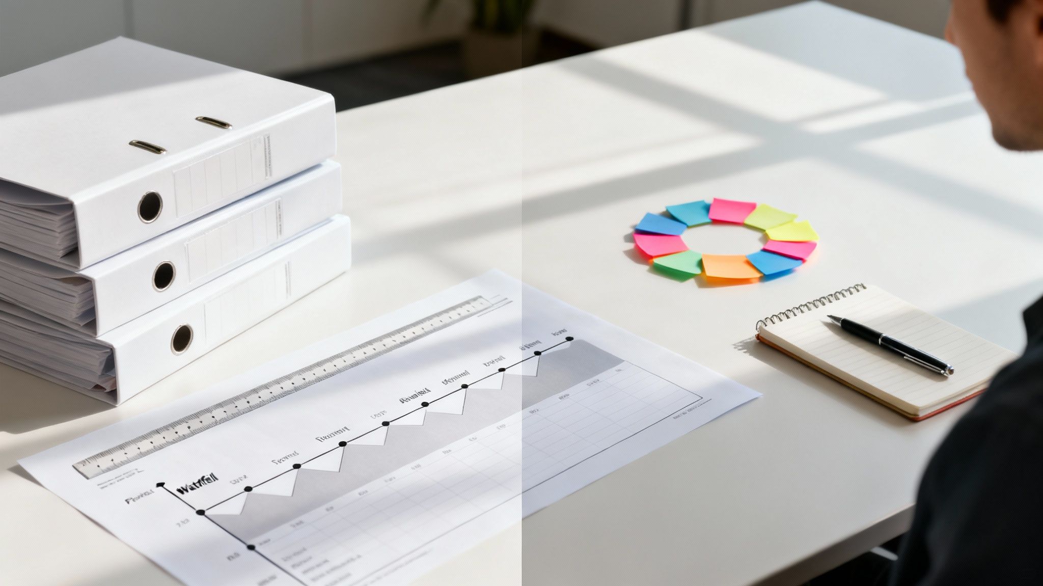 Over-the-shoulder view of a person at a desk with a chart, binders, and colorful sticky notes.