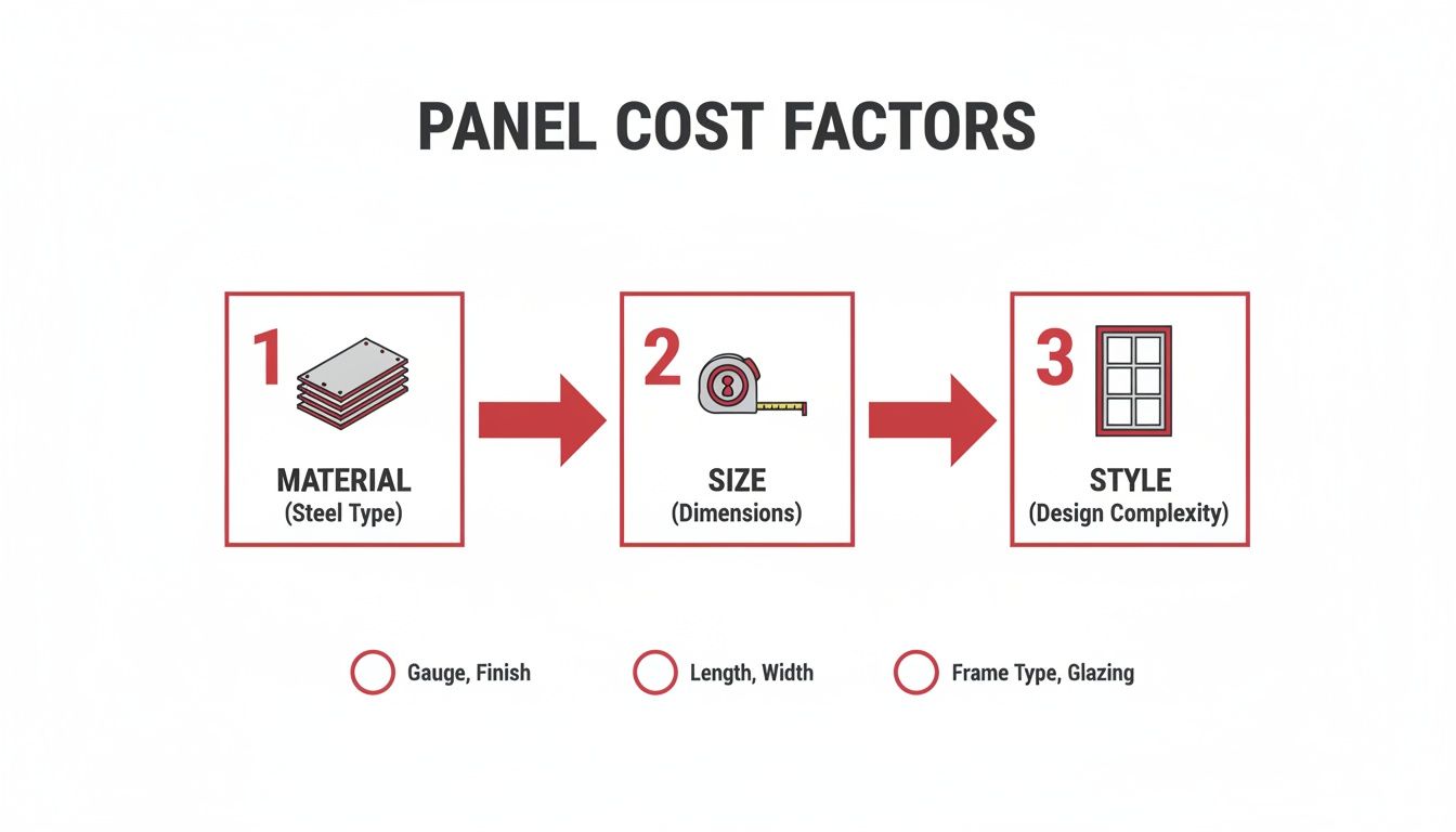 Infographic showing material, size, and style as key factors influencing panel cost.