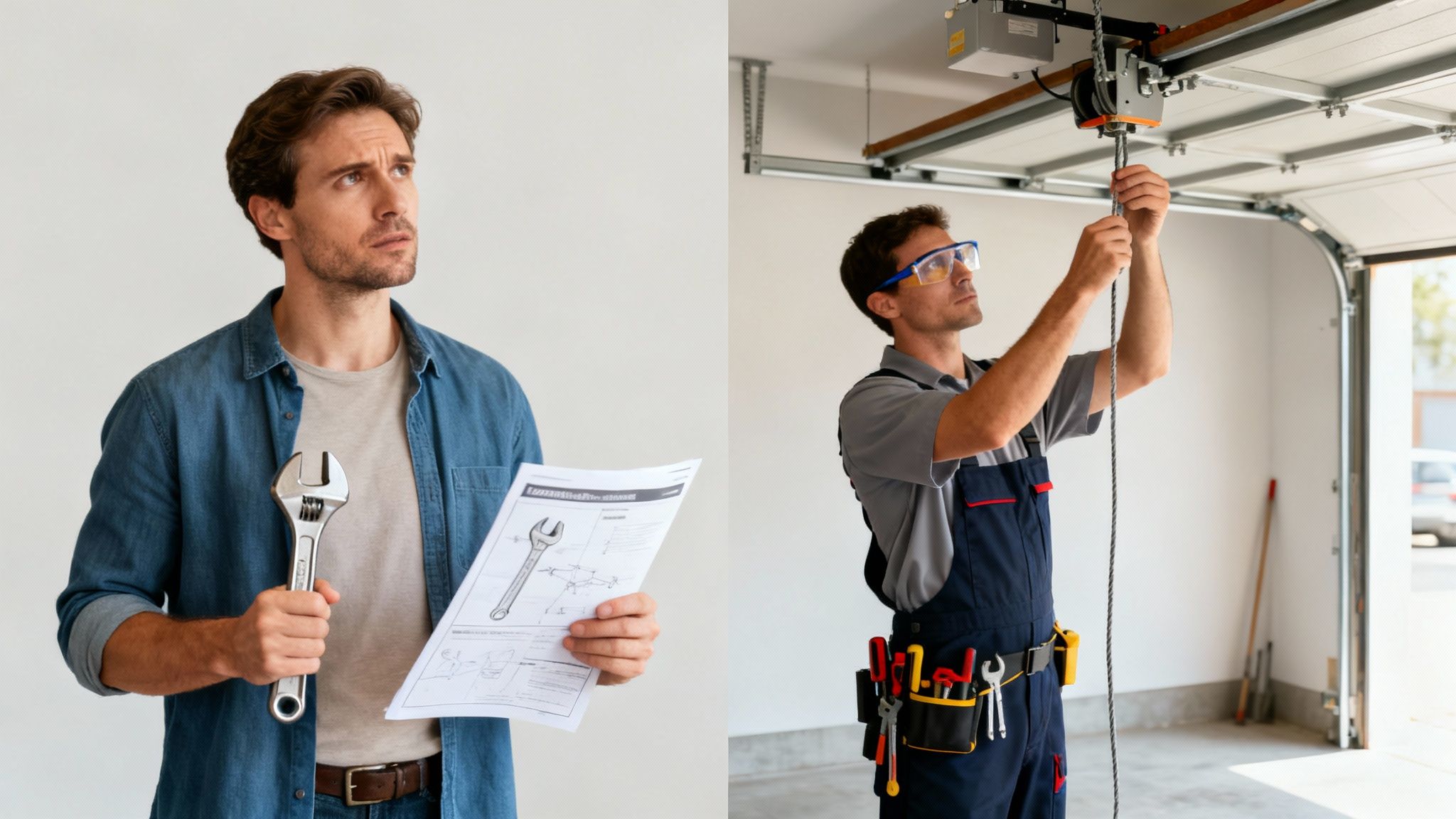 Two men; one studying a manual with a wrench, the other repairing a garage door cable.