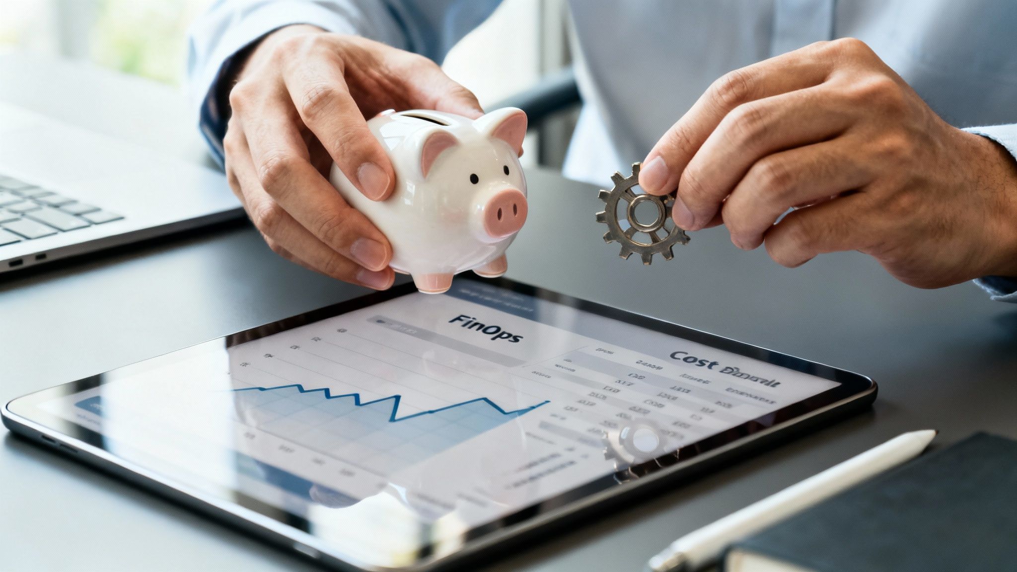 Person optimizing costs with a piggy bank and gear over a tablet showing financial dashboards.