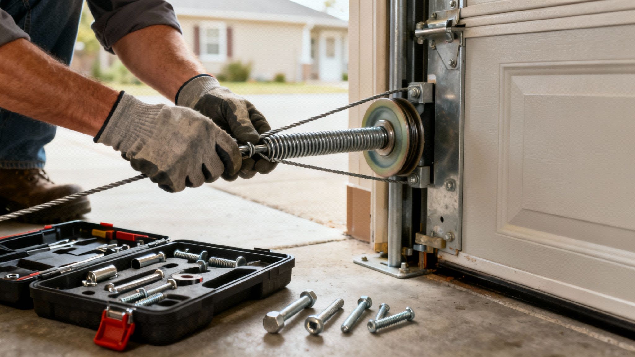 A person in work gloves performs maintenance on a garage door, adjusting the spring and cable system.