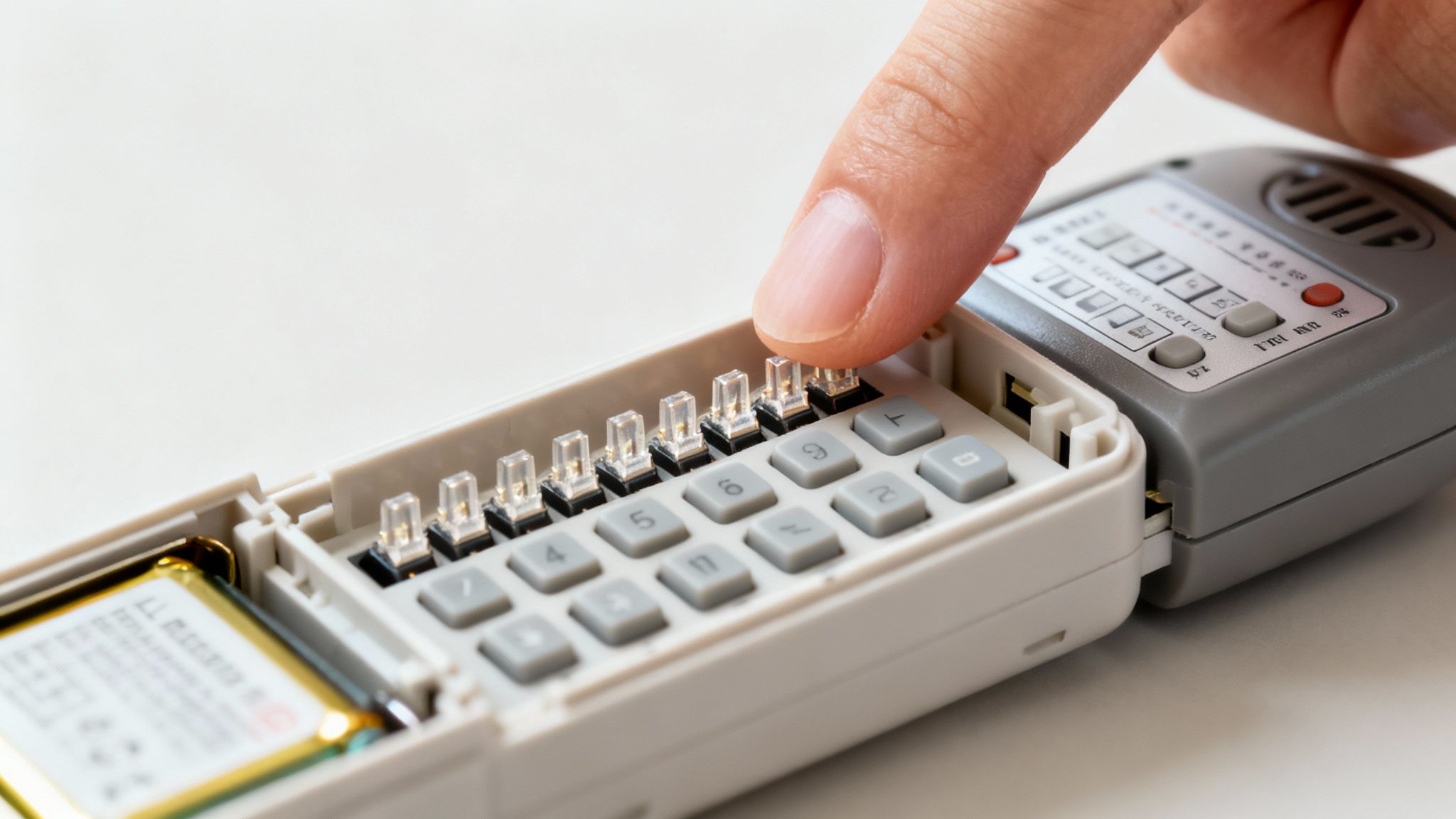 A close-up of a person's finger pressing a button on an open electronic keypad device.