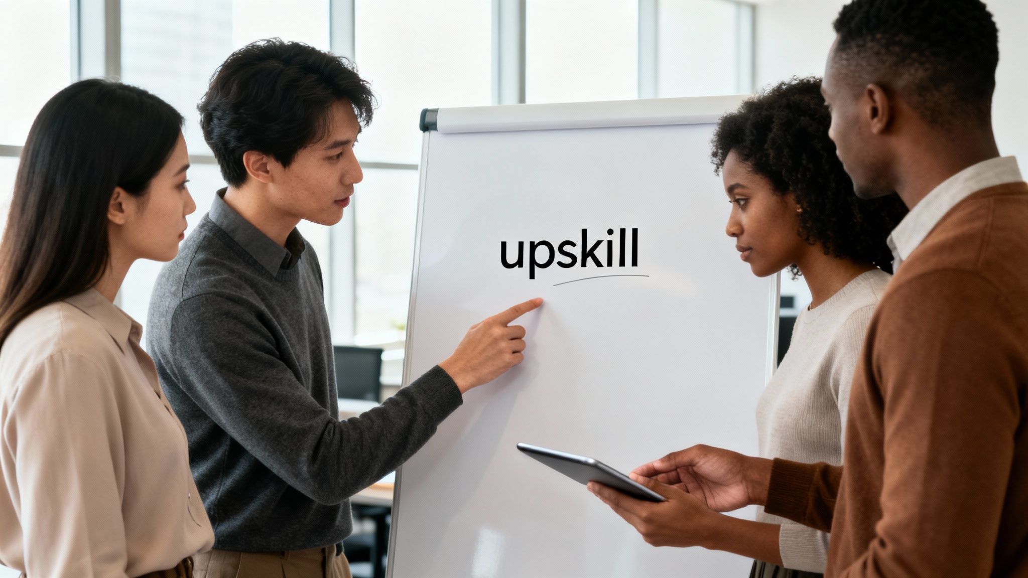 Four diverse colleagues are in a meeting, one pointing to 'upskill' on a whiteboard, discussing professional development.