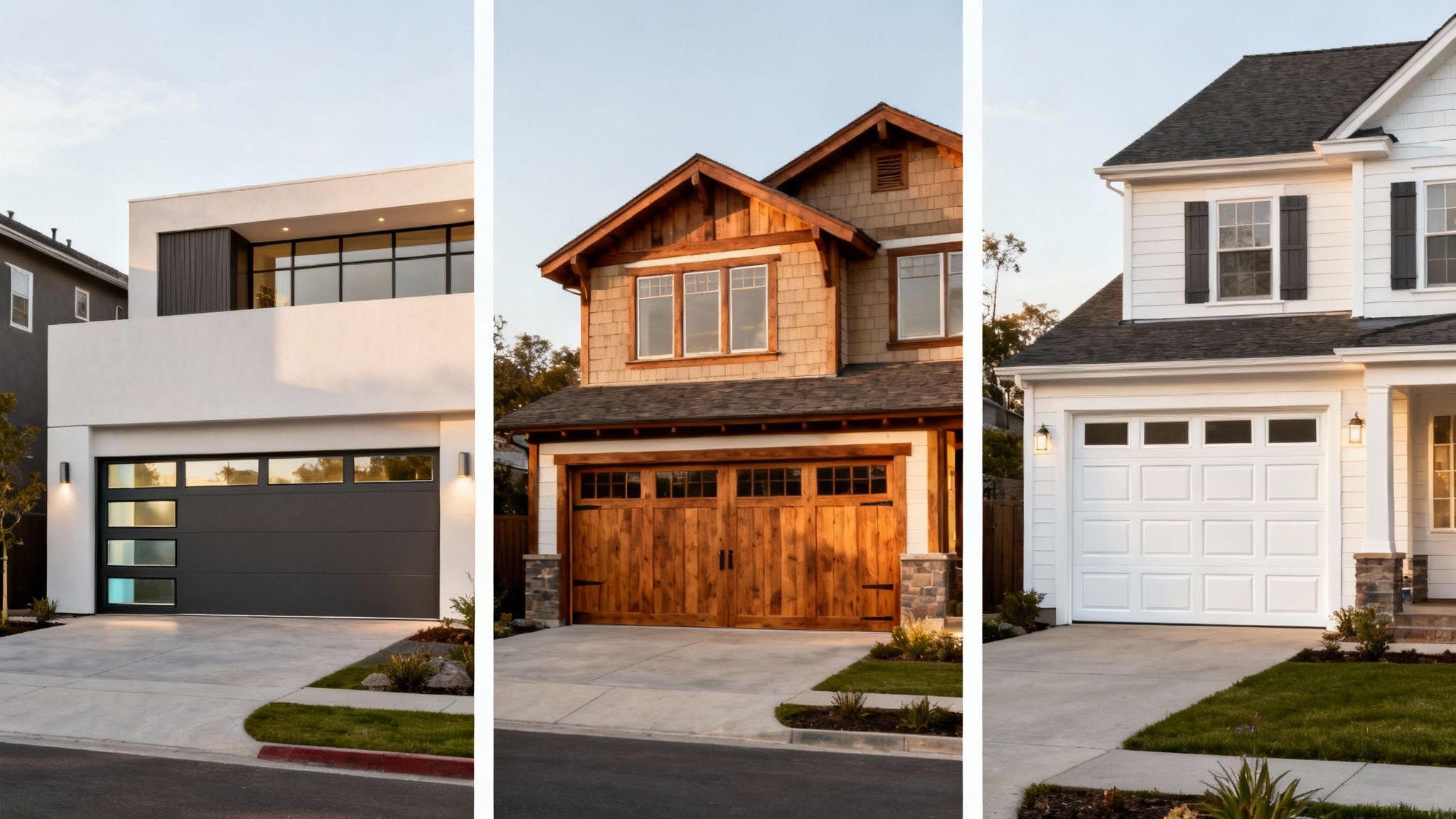 Three distinct homes showcasing modern, rustic wood, and traditional white garage doors.