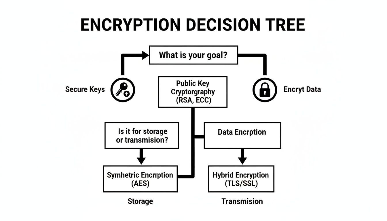 A flowchart illustrating an encryption decision tree, guiding users to choose appropriate cryptographic methods.