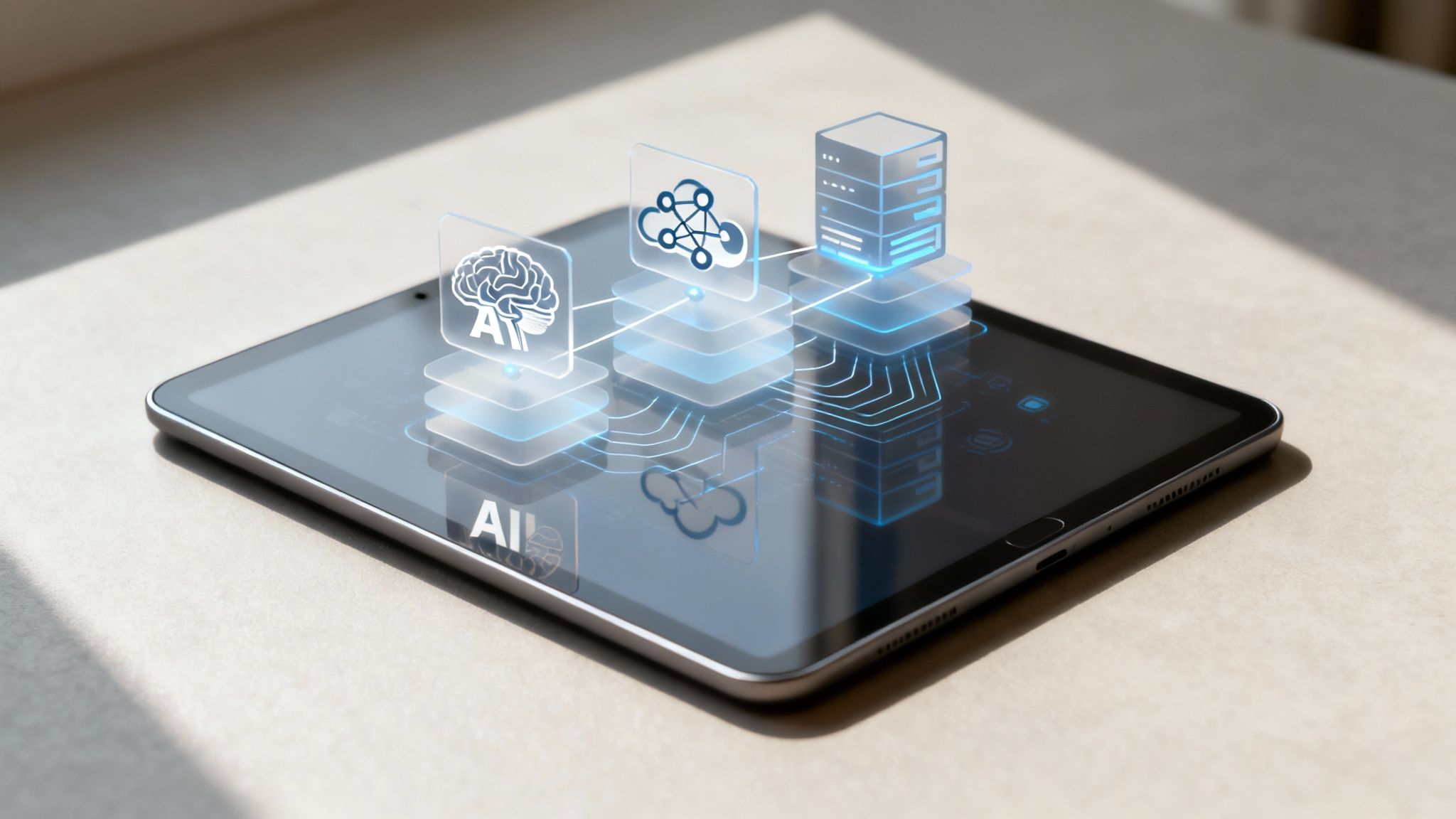 Tablet displaying holographic AI, cloud network, and database icons representing fintech software development architecture