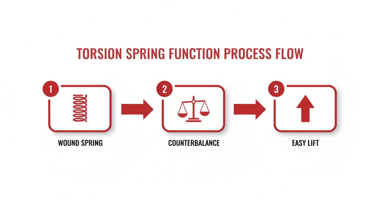 A process flow diagram illustrates the torsion spring function: wound spring, counterbalance, and easy lift.