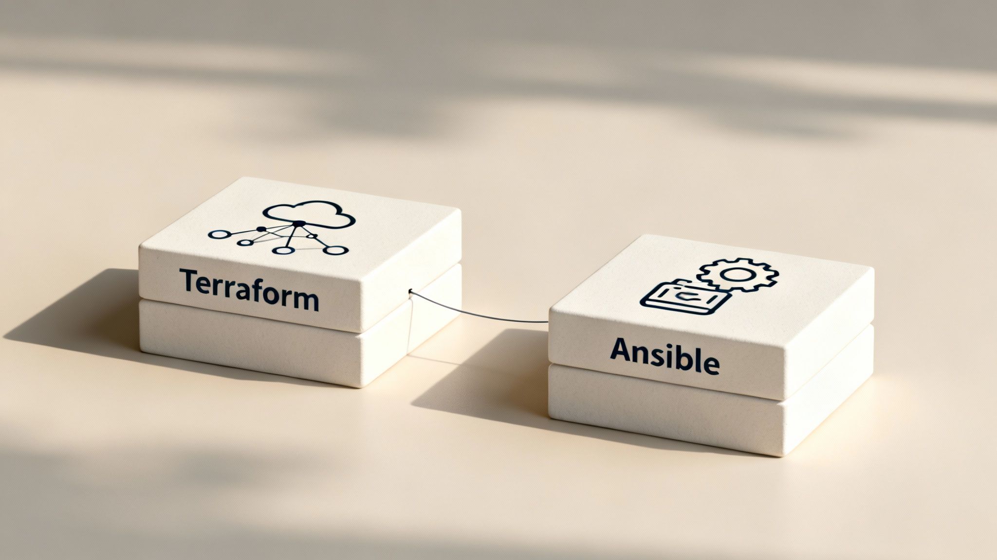 White blocks show Terraform for cloud infrastructure and Ansible for configuration, connected.