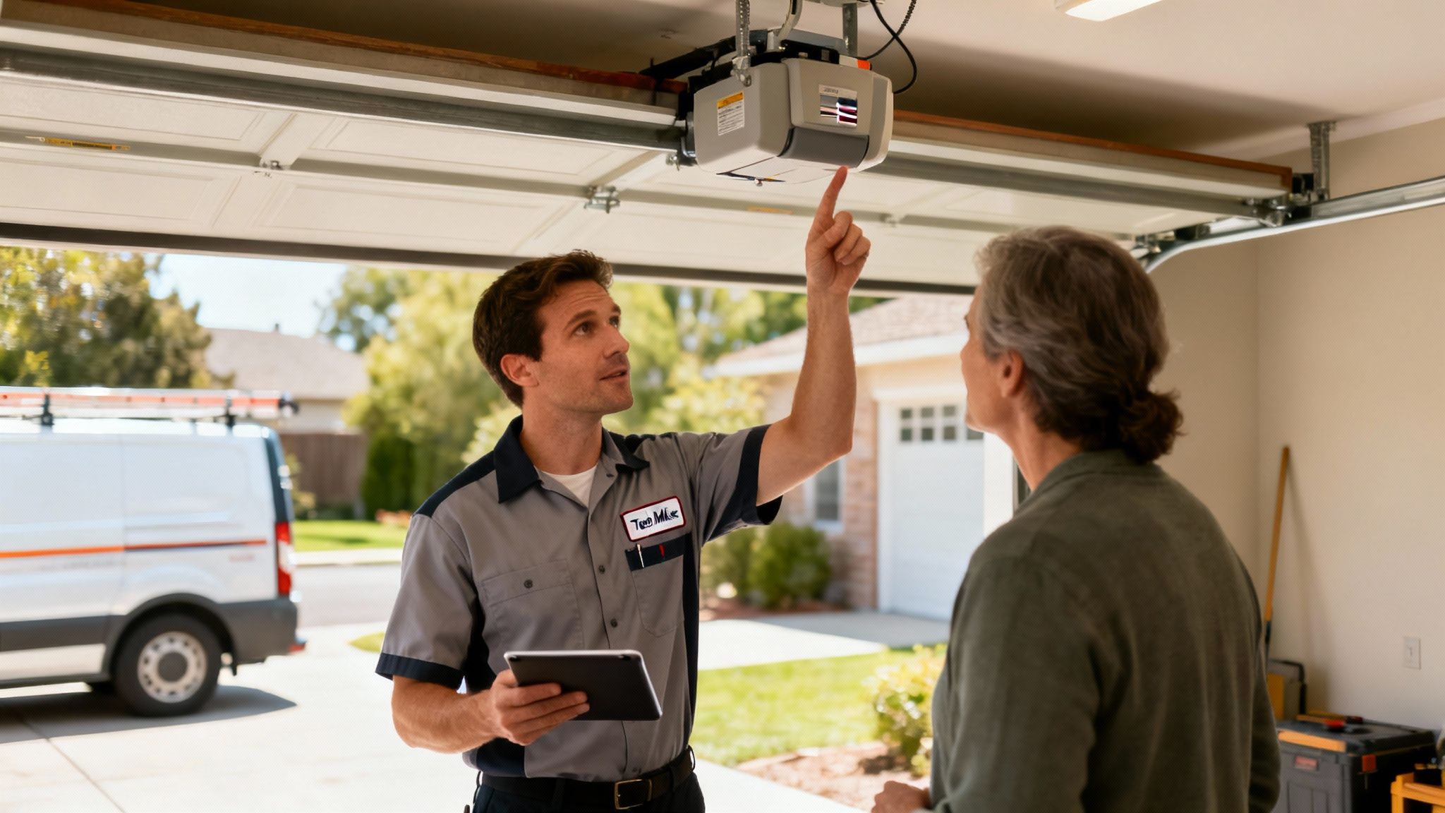A technician points to a garage door opener, explaining it to a homeowner inside a garage.