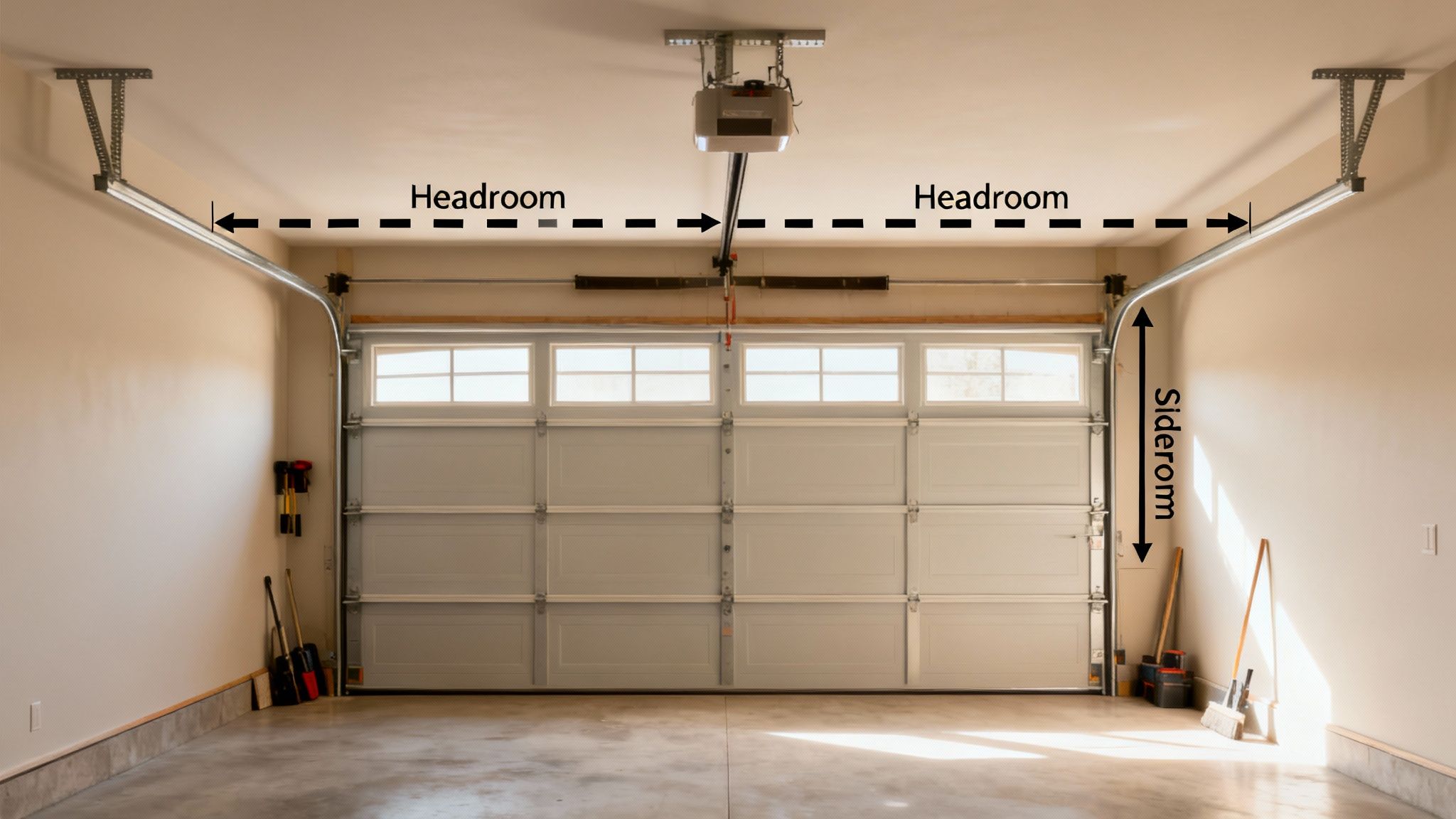 Diagram of a garage interior with a white garage door, labeled with arrows showing 'Headroom' and 'Sideroom' for accurate measurements.