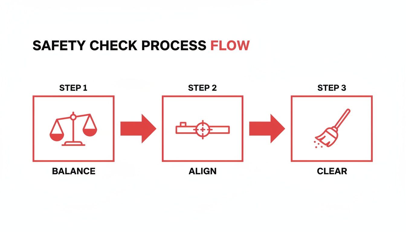 A flowchart illustrating the Safety Check Process Flow with steps: Balance, Align, and Clear.