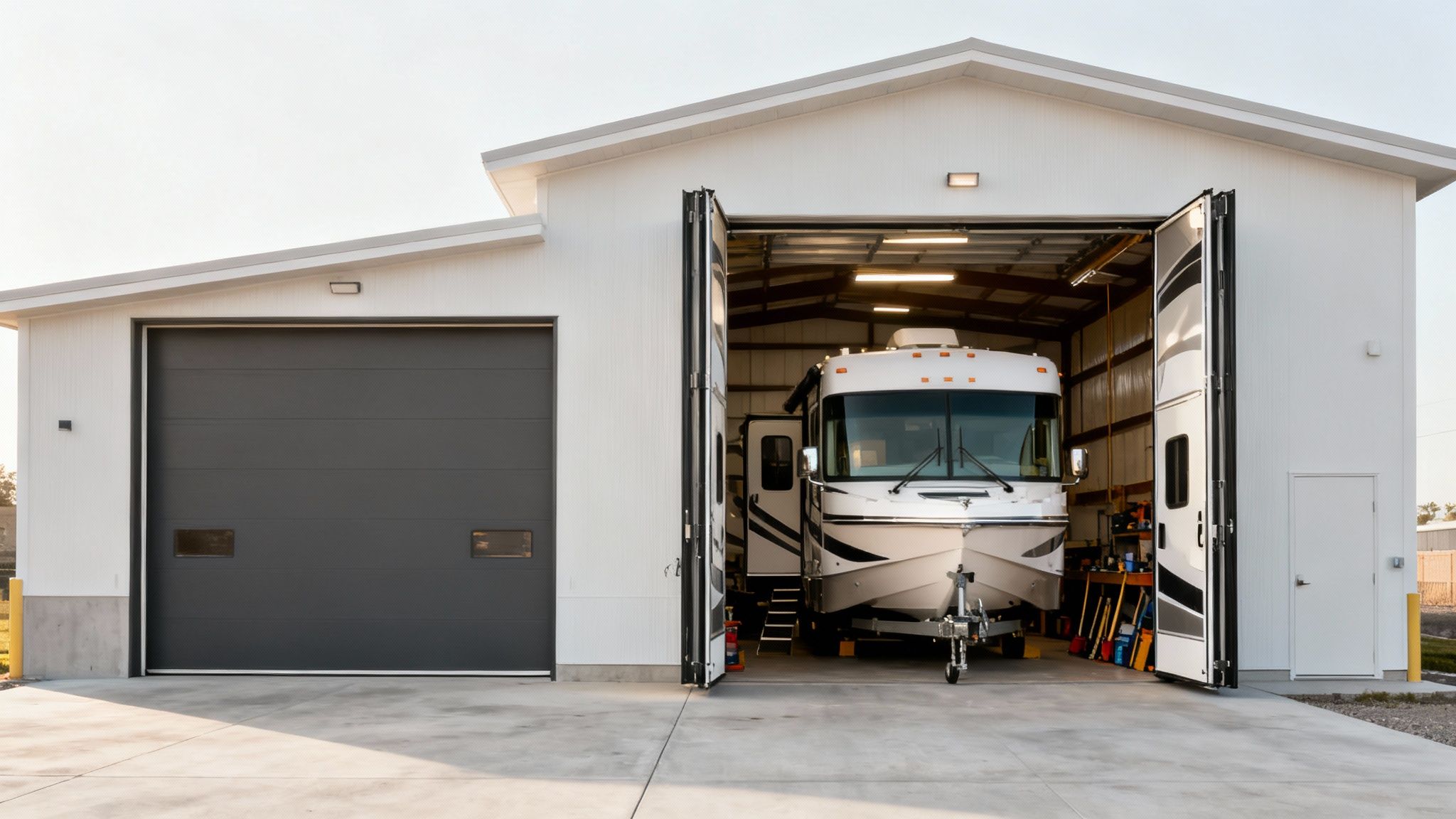 Modern white residential garage building with RV motorhome stored inside large open bay door