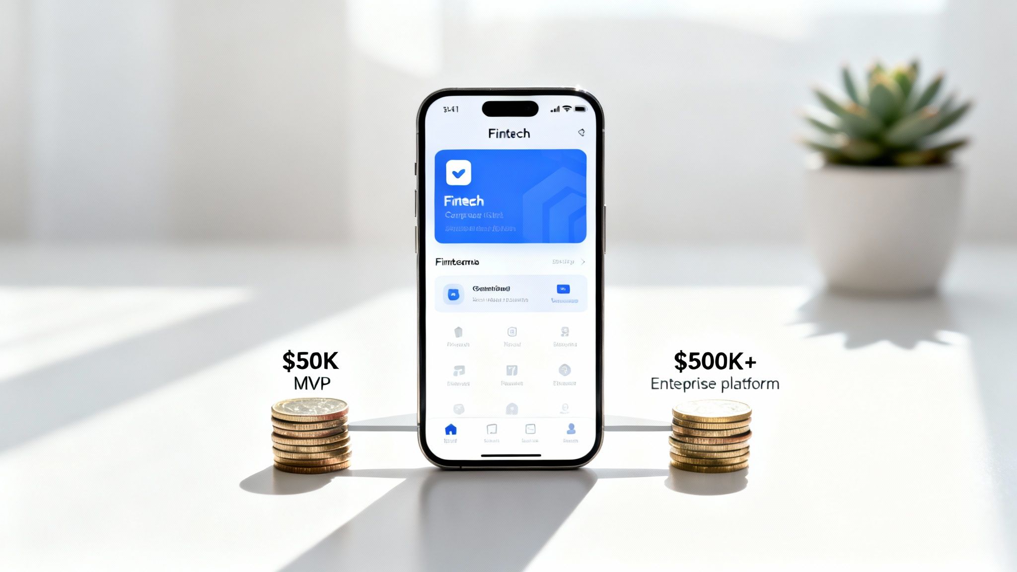Fintech app cost comparison showing $50K MVP and $500K+ enterprise platform options.