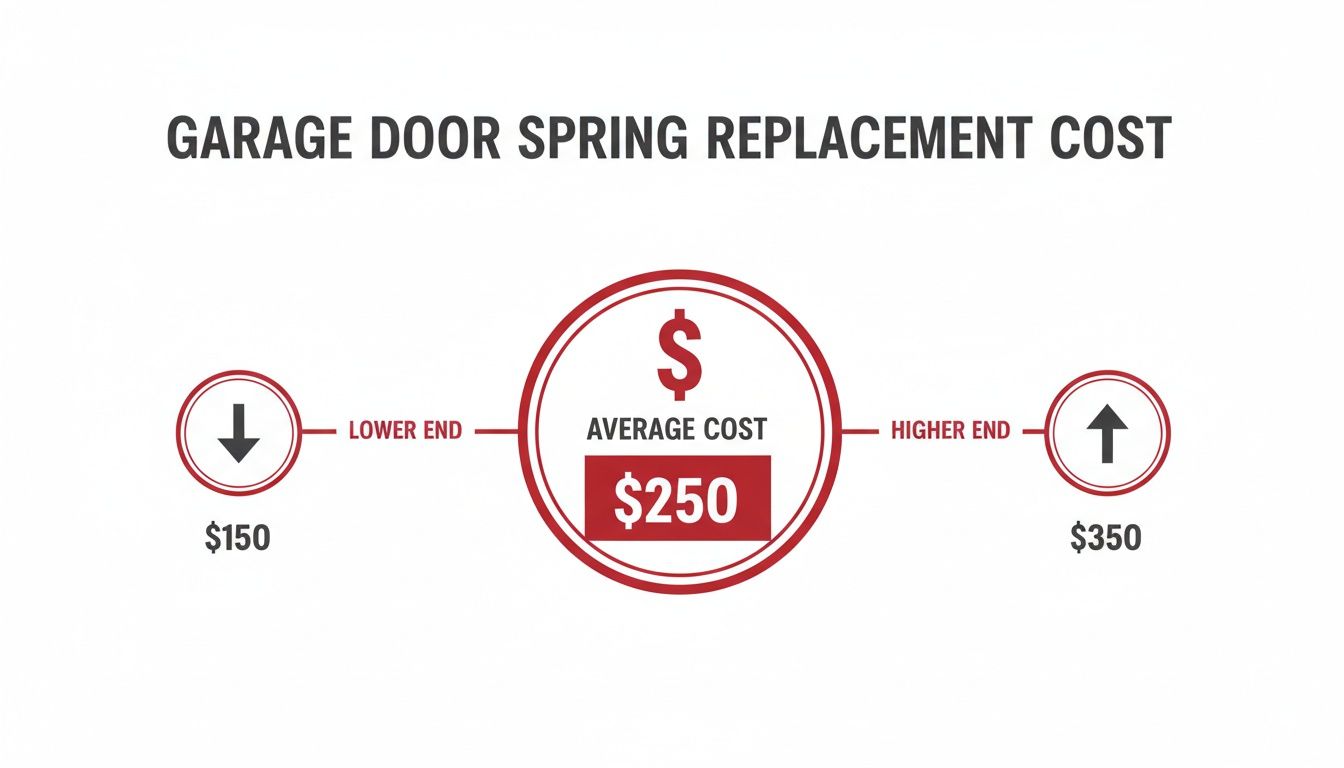 Infographic illustrating garage door spring replacement costs, showing a lower end of $150, an average cost of $250, and a higher end of $350.