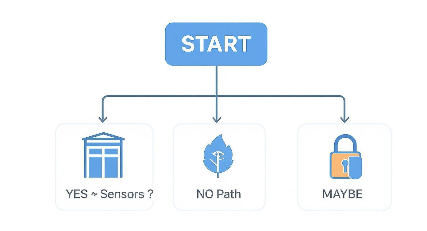 A flowchart showing 'START' branching into three paths: 'YES ~ Sensors?', 'NO Path', and 'MAYBE'.