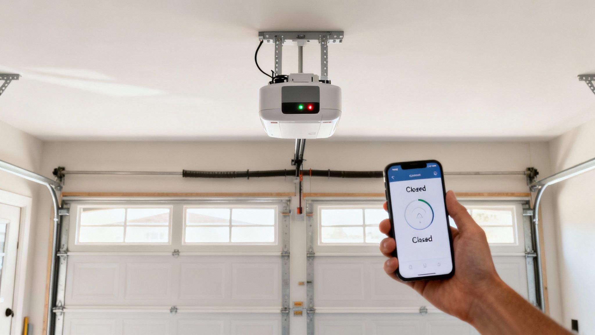 A modern, wall-mounted garage door opener next to a garage door track.
