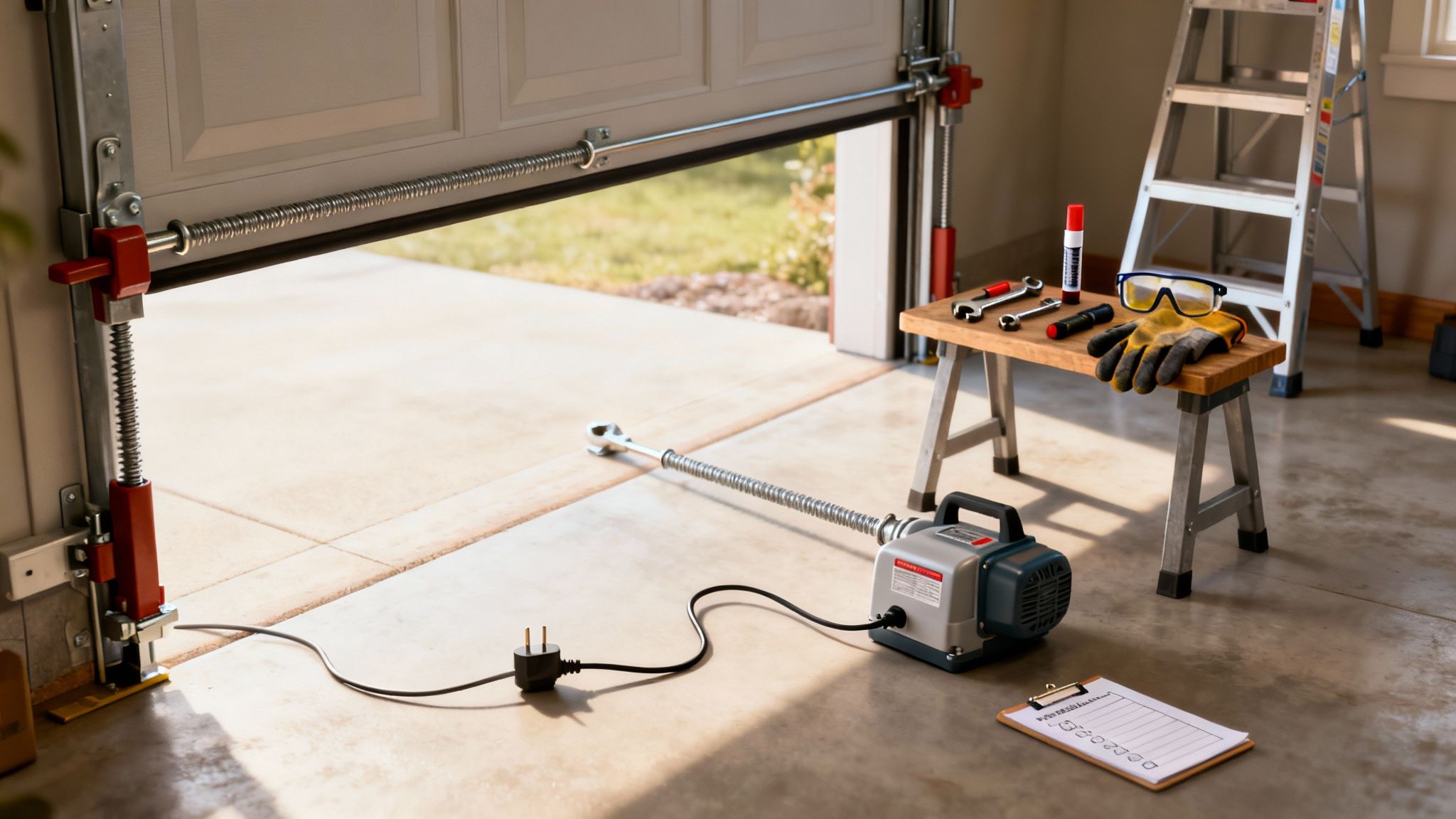 Tools and equipment laid out for replacing garage door extension springs, with the door partially open.