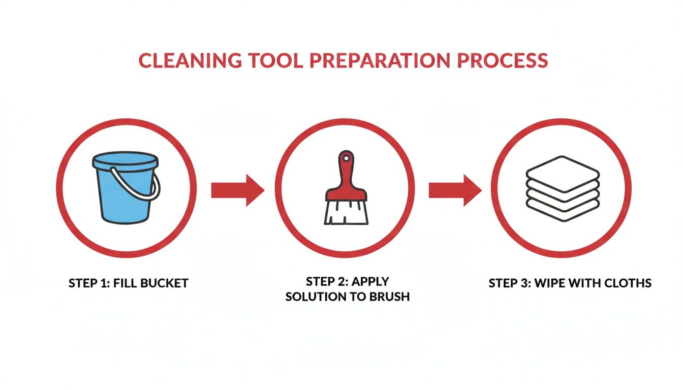 Infographic detailing a 3-step cleaning tool preparation: fill bucket, apply solution to brush, wipe with cloths.