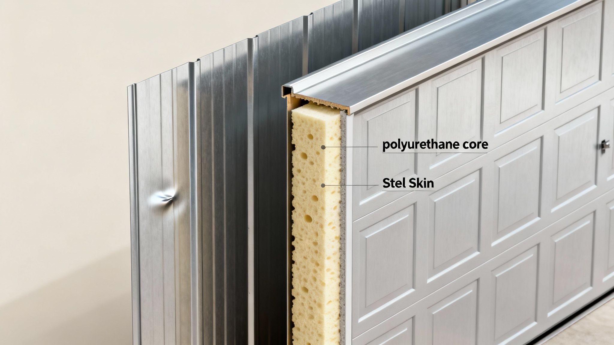Cutaway view comparing an insulated garage door panel with a polyurethane core and steel skin to a basic corrugated metal panel.