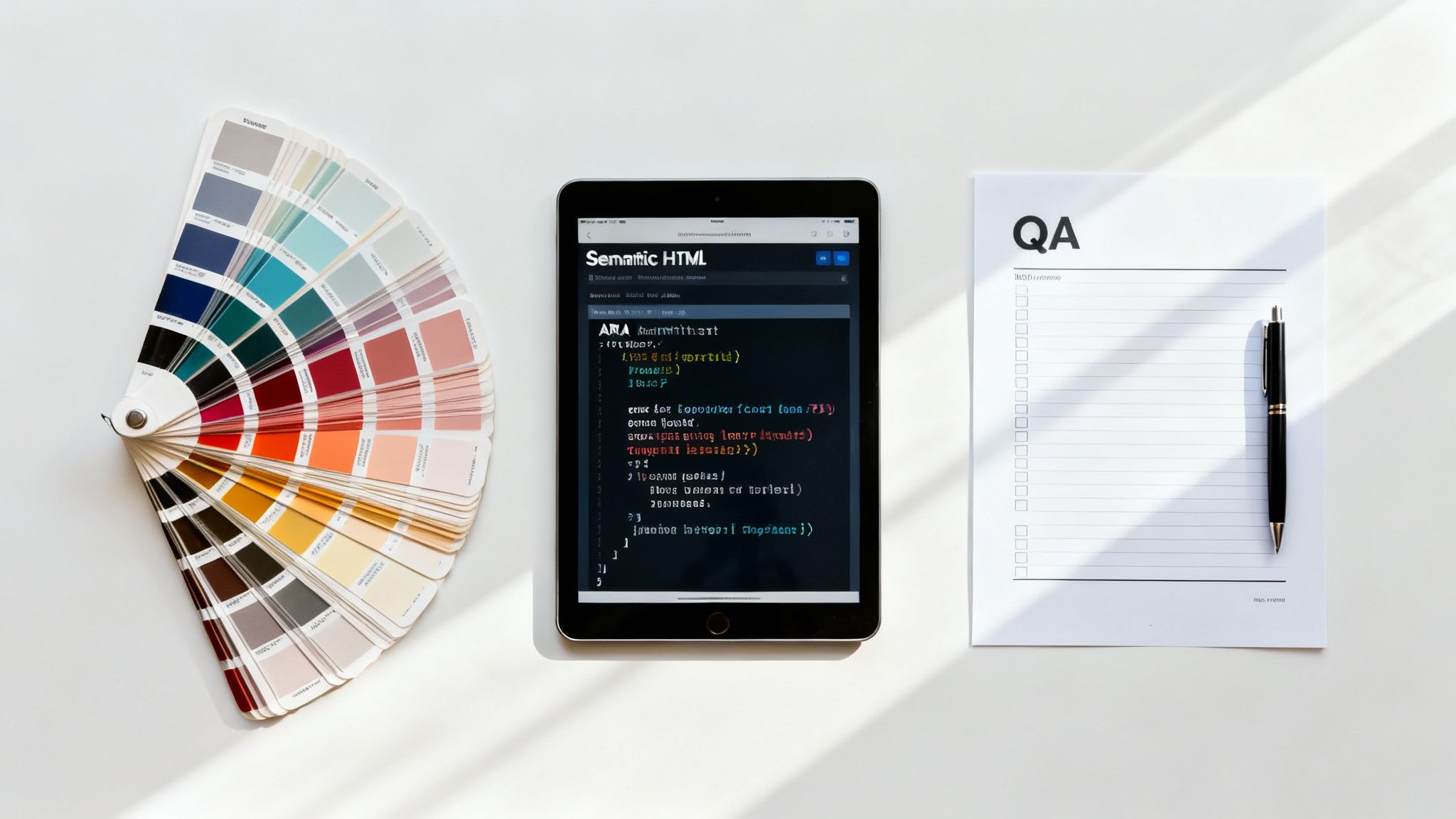 A flat lay shows a color palette, a tablet displaying code, and a QA notebook with a pen.