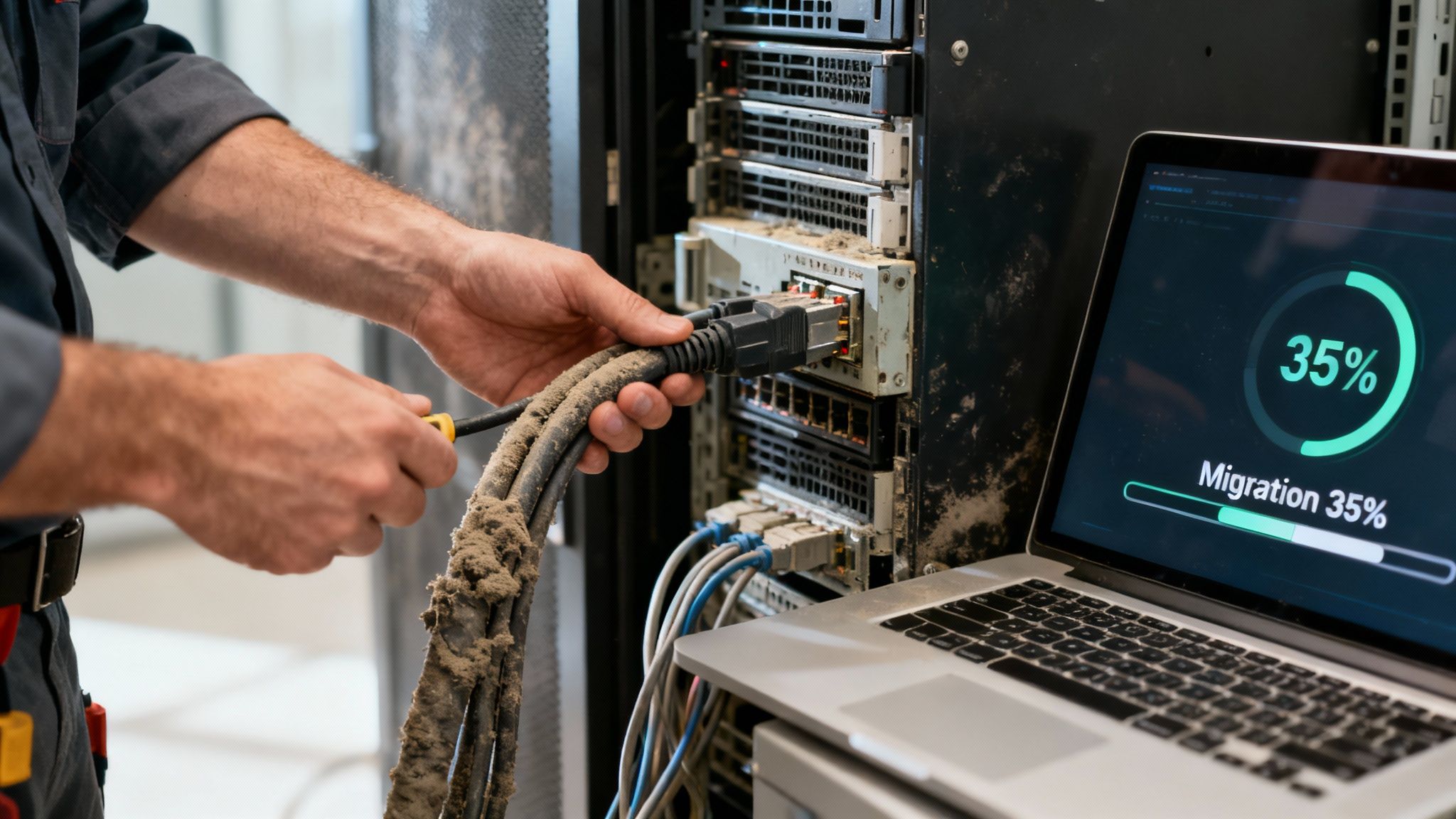 A technician connects a dusty network cable to an old server rack, while a laptop displays "Migration 35%".
