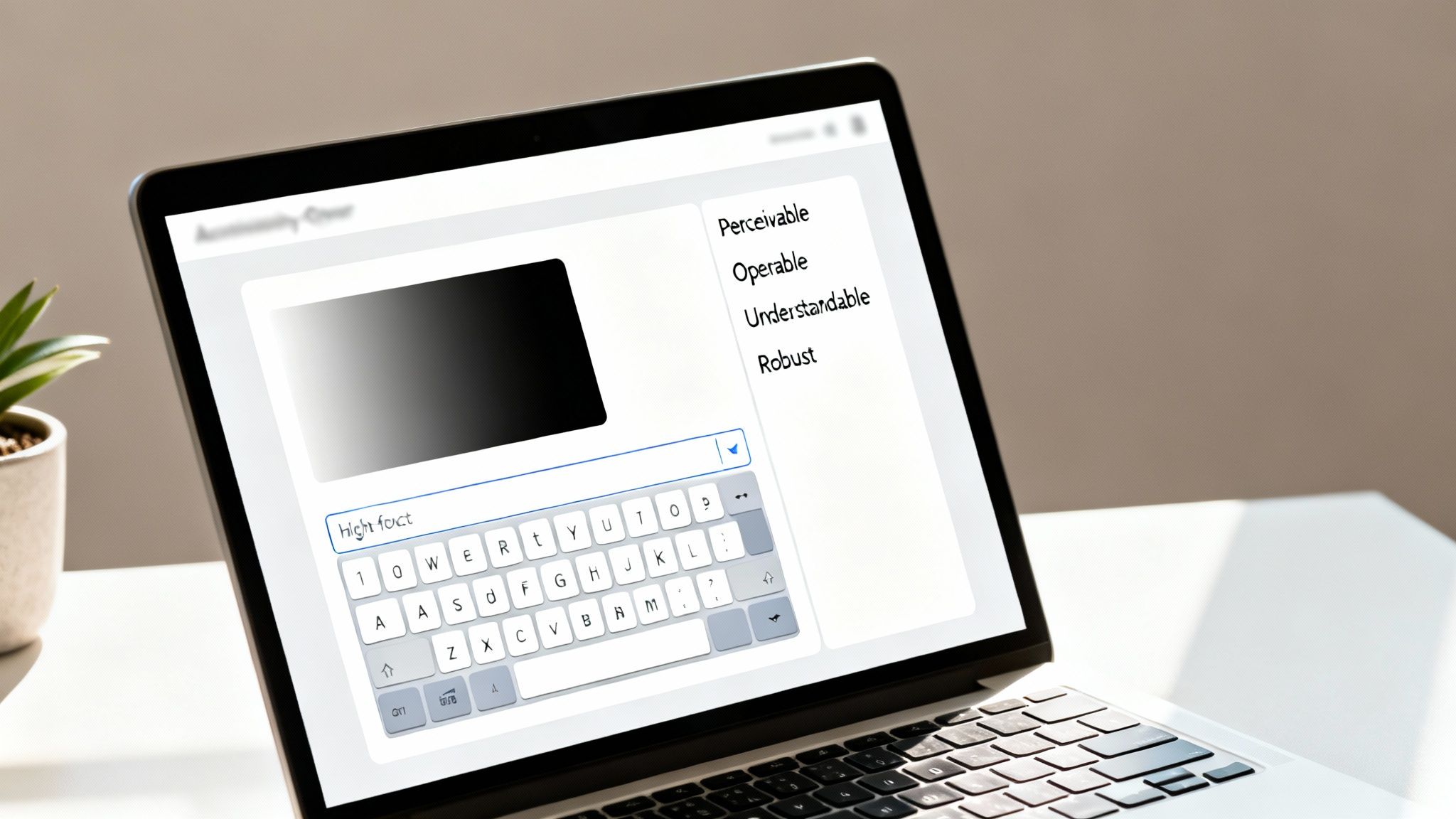 Laptop screen displaying digital accessibility principles: Perceivable, Operable, Understandable, Robust, with a virtual keyboard.