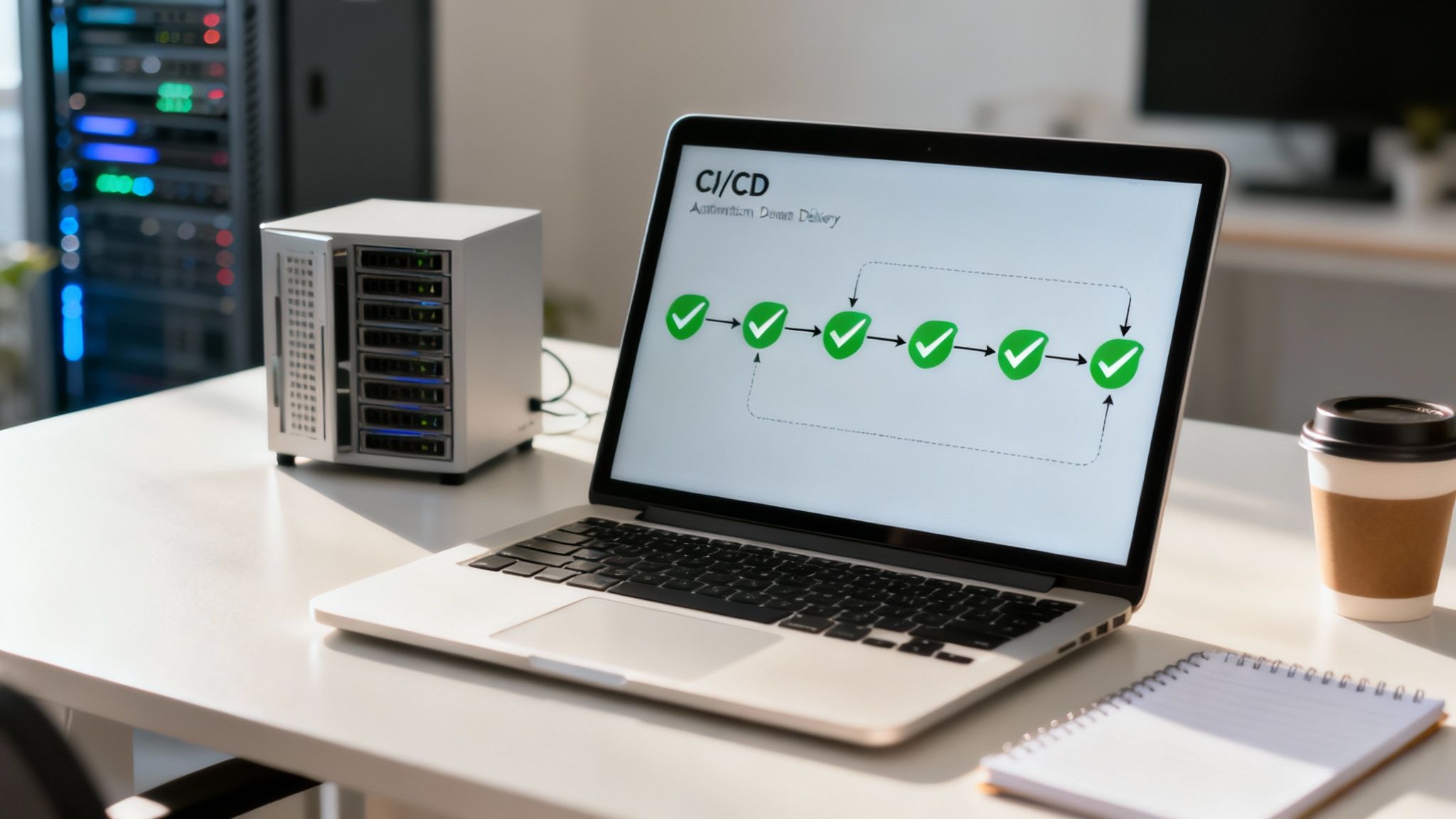Laptop displaying CI CD automation design delivery workflow diagram with green checkmarks on desk