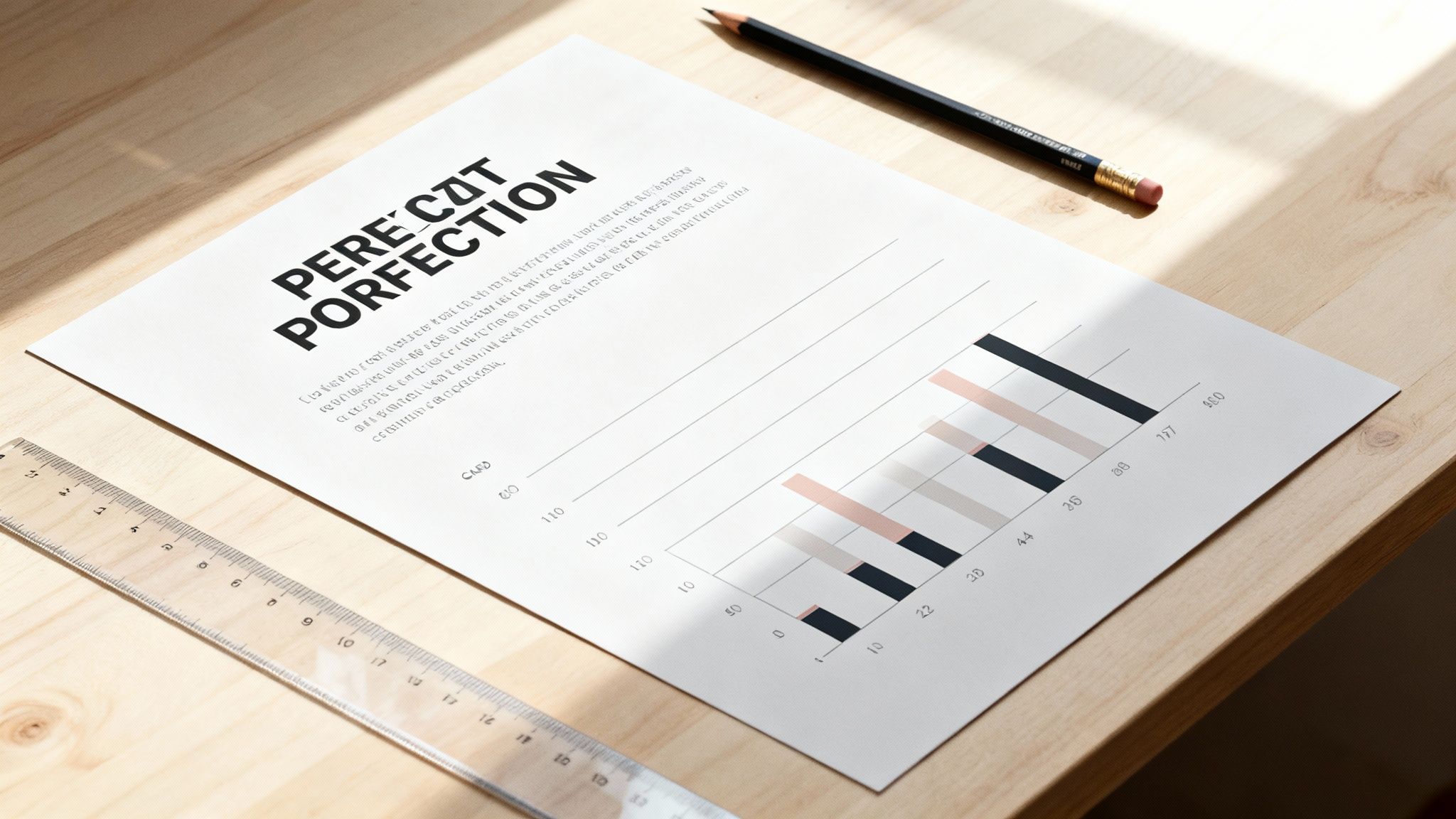 A white document with a bar chart and text on a wooden desk with a ruler and pencil.