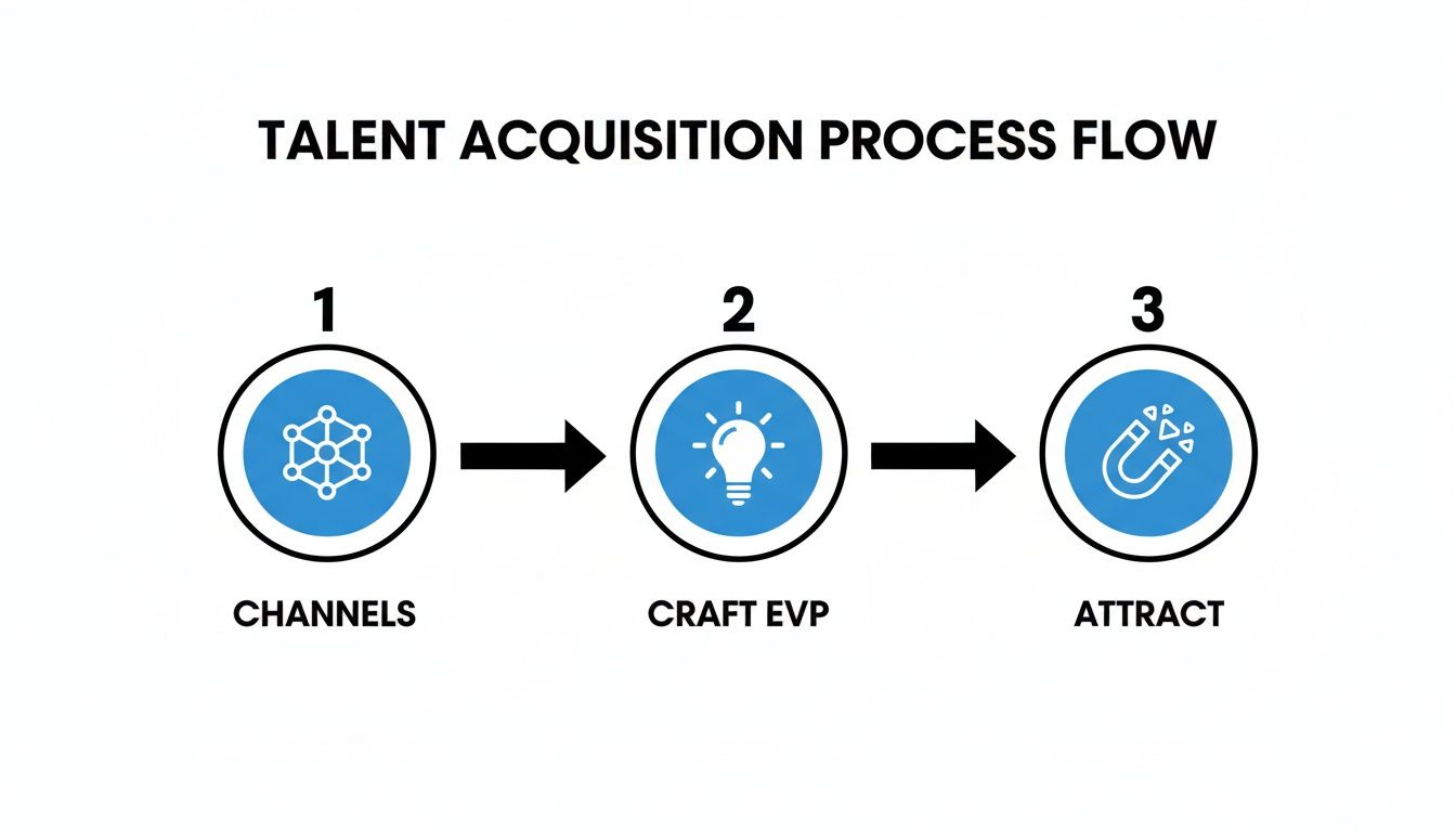 A talent acquisition process flow diagram showing three steps: Channels, Craft EVP, and Attract.