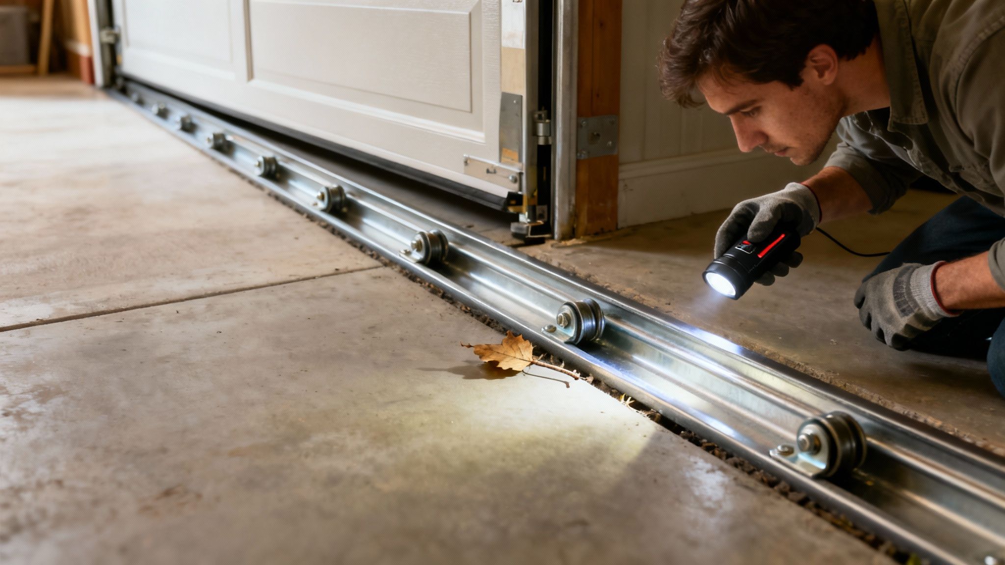 A man wearing work gloves uses a flashlight to carefully inspect a garage door track with a leaf inside.