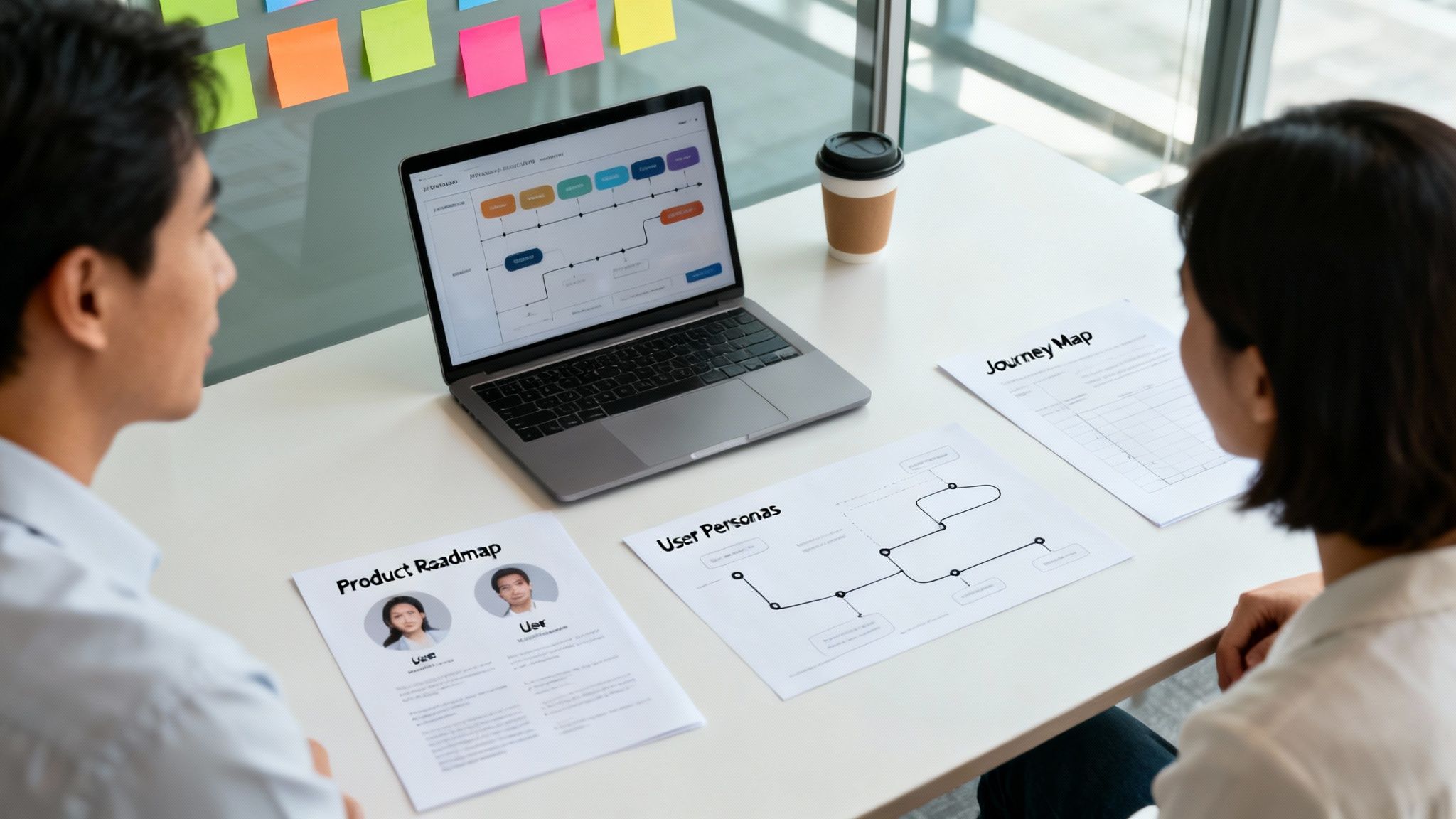 Two people collaborate on digital product development, reviewing a roadmap, user personas, and a journey map.