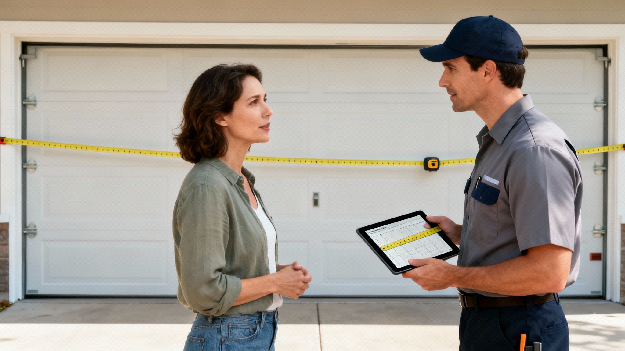 A service technician discusses garage door measurements with a woman using a tablet and measuring tape.