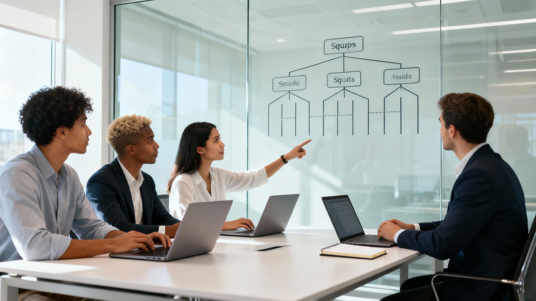 A diverse team discusses a software development structure diagram on a glass wall in a bright modern office.