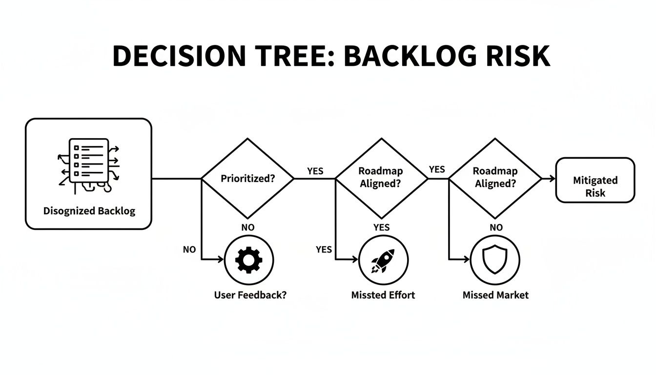 Decision tree flowchart detailing product backlog risk, covering prioritization, roadmap alignment, and potential outcomes.