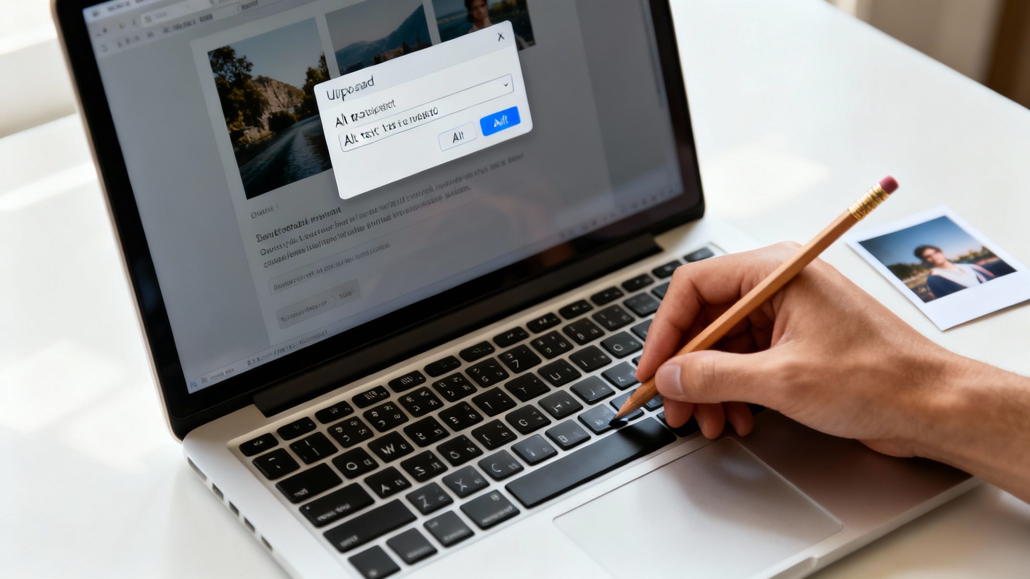 A person's hand holding a pencil over a laptop keyboard, with a dialog box on screen and a photo on the desk.