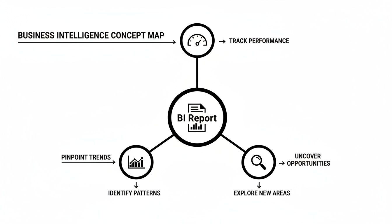 A concept map showing how a Business Intelligence Report helps track performance, identify patterns, and uncover opportunities.