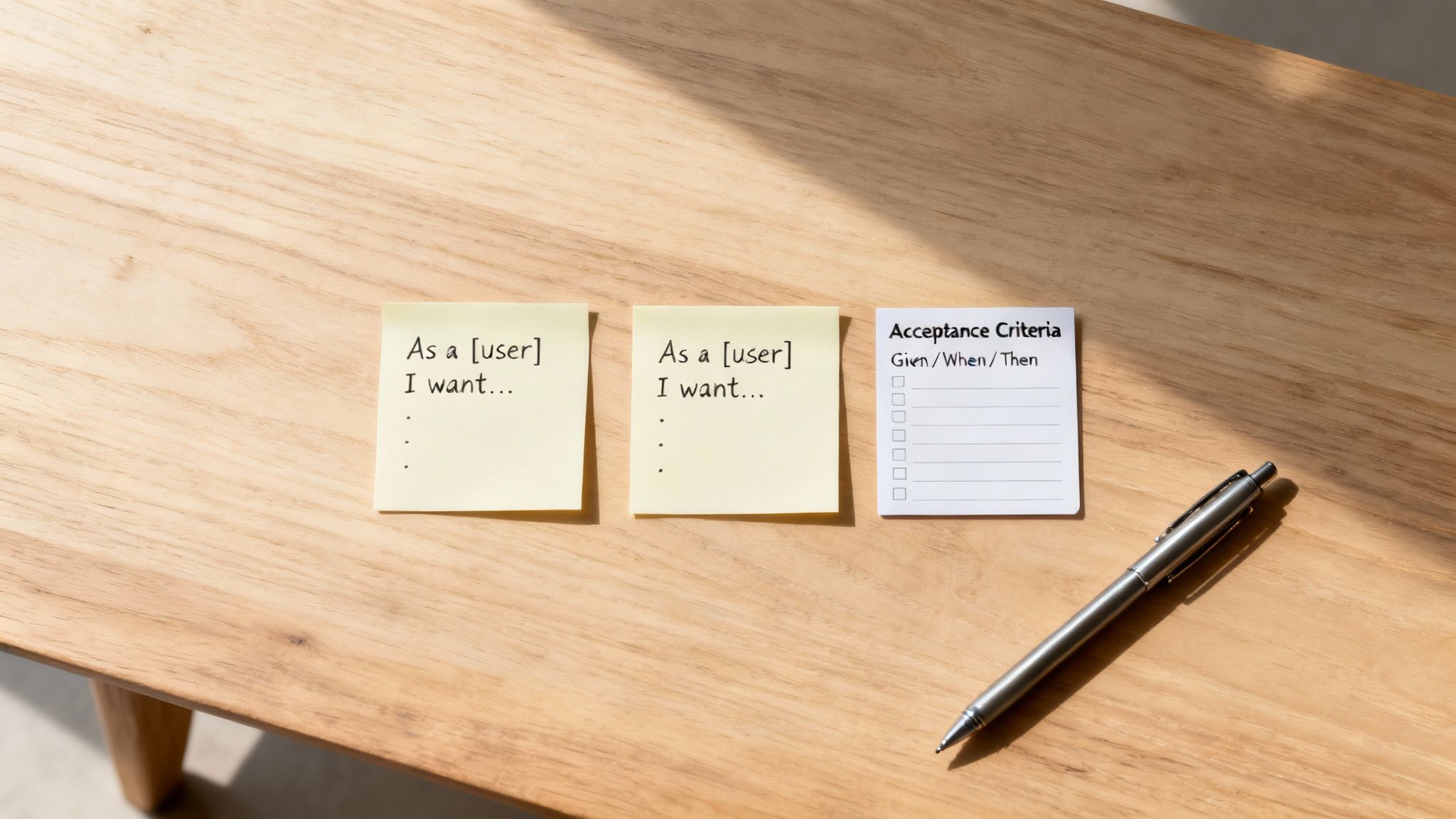 User story cards and acceptance criteria checklist on wooden desk for agile sprint planning