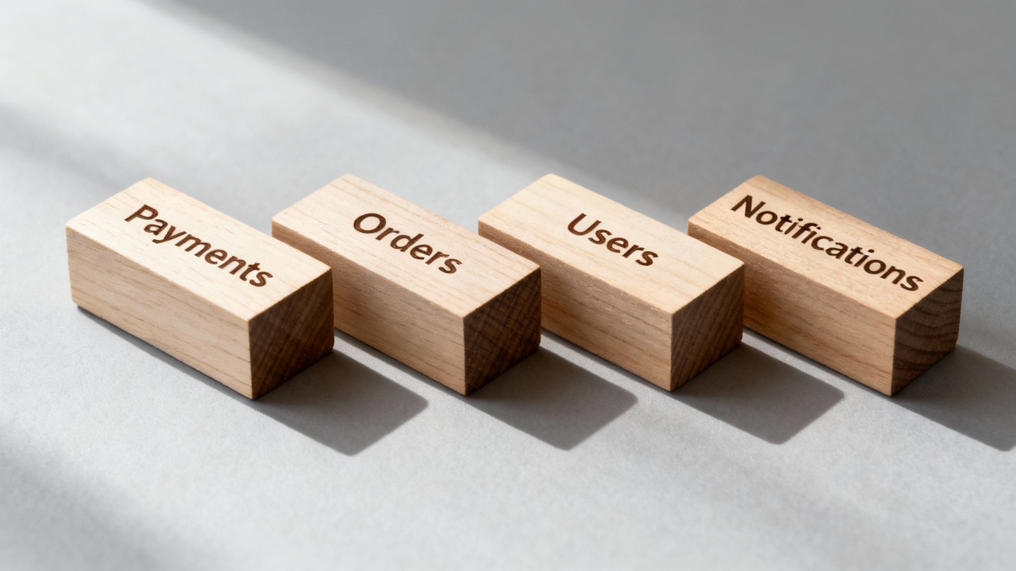 Four wooden blocks on a grey surface, labeled Payments, Orders, Users, and Notifications, symbolizing microservices architecture.