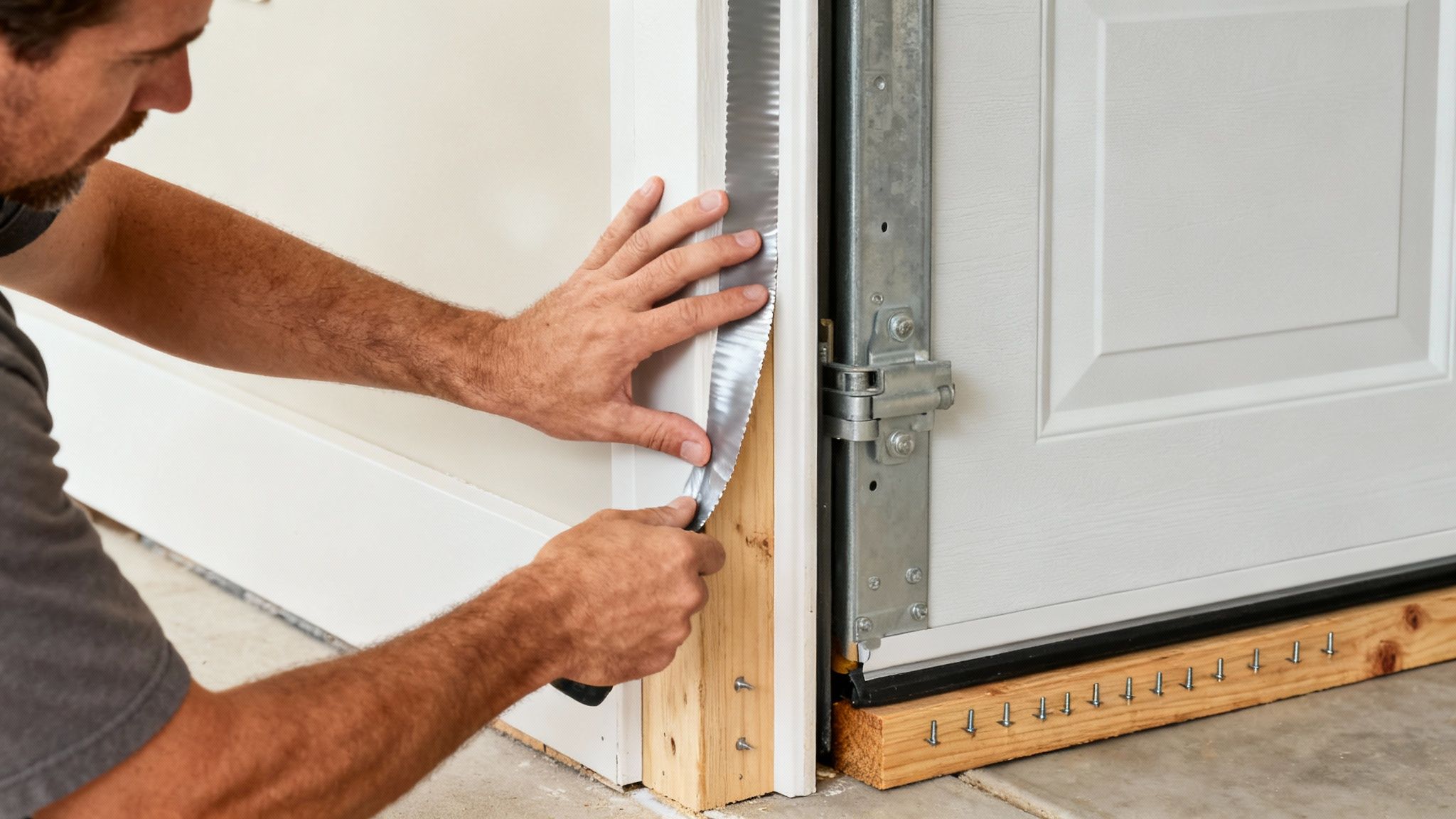 Man installing garage door weather seal with a tool, securing it to the wooden frame.