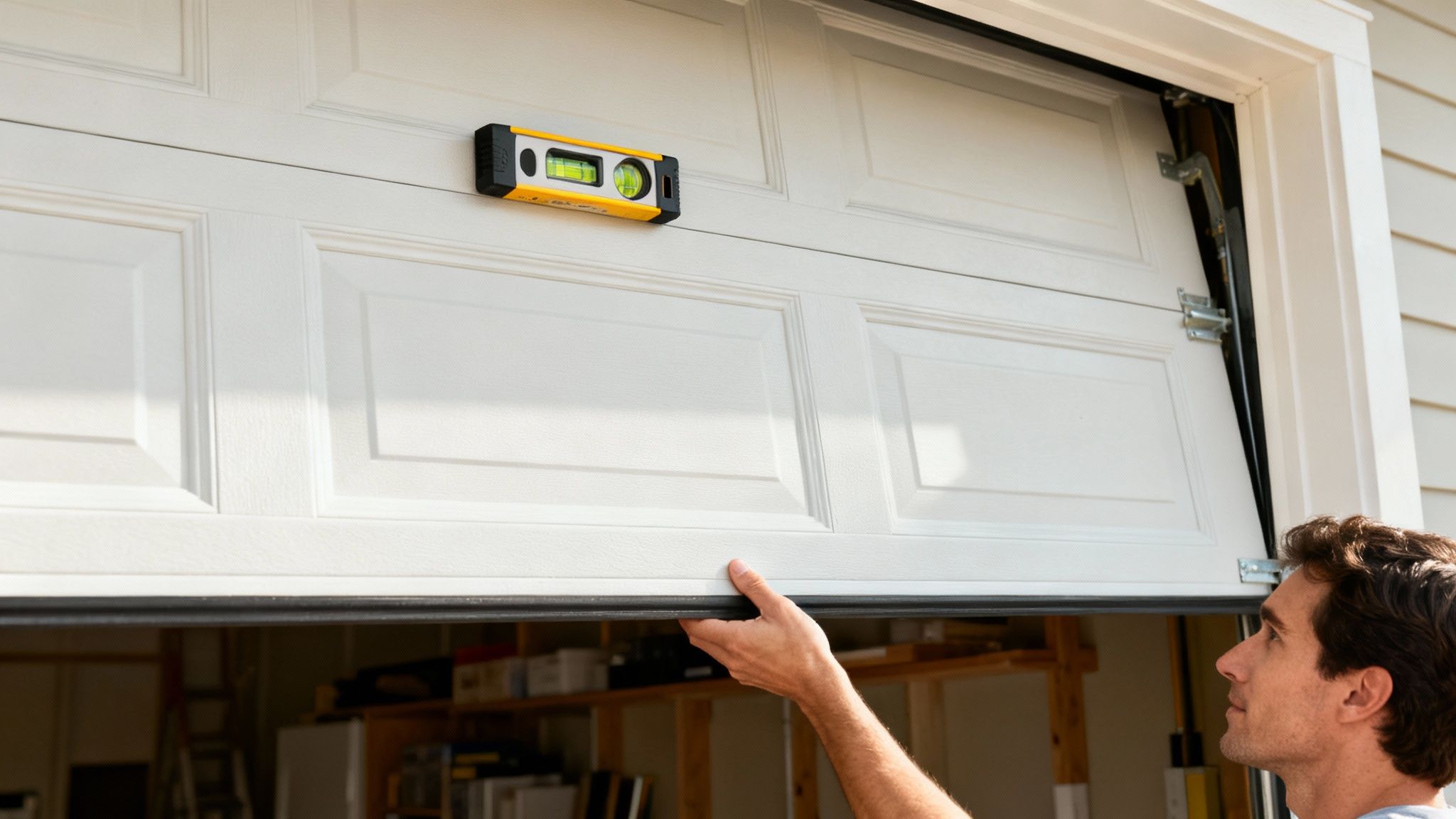 A man checks the level of a white garage door, likely during maintenance or installation.