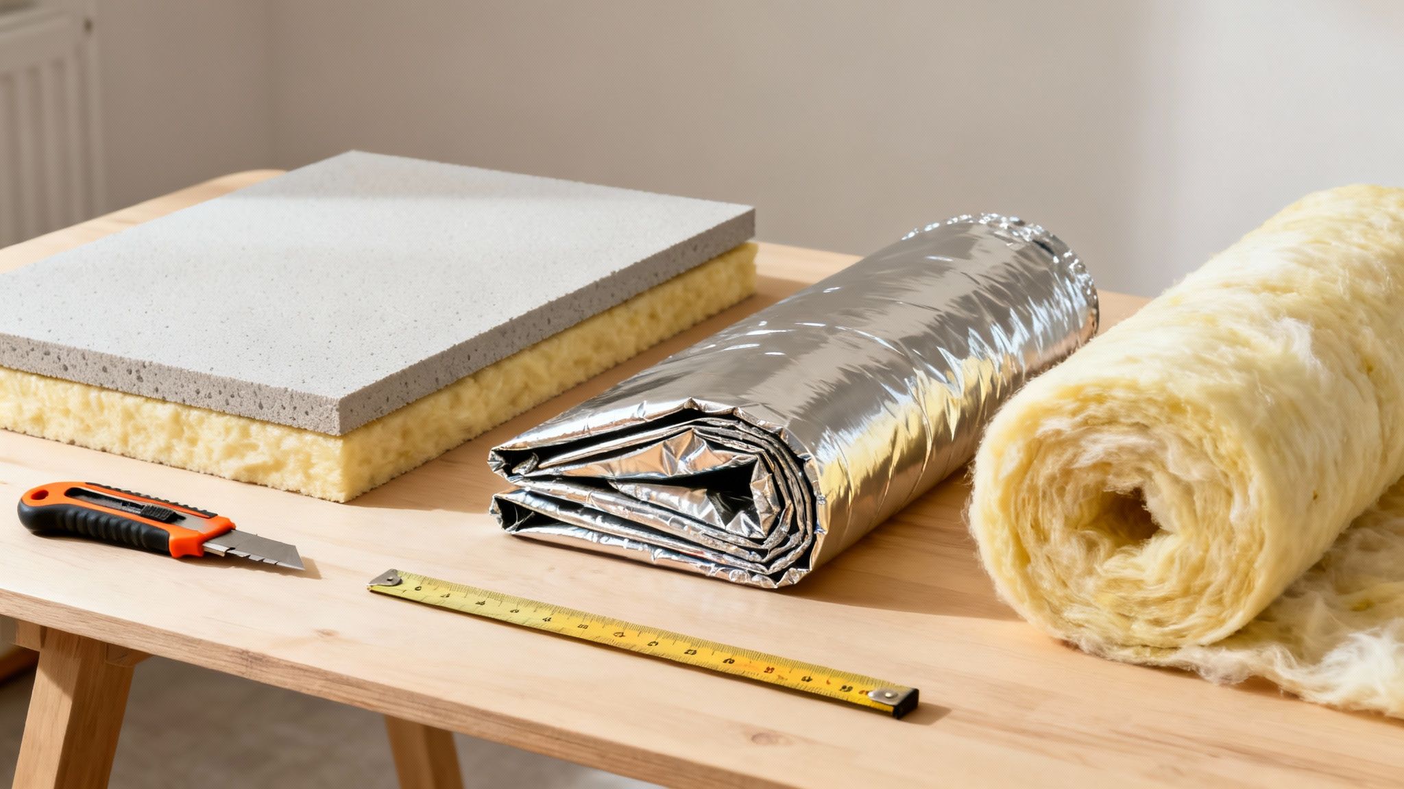Various insulation materials like fiberglass rolls, foiled panels, layered soundproofing, and tools on a wooden table.