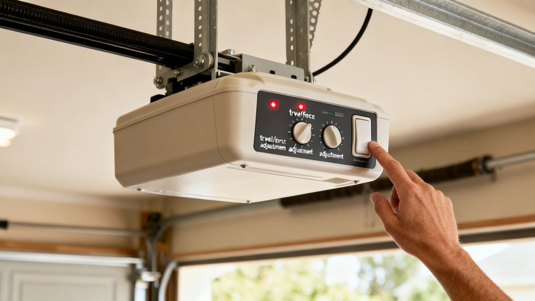 A hand presses the control button on a beige garage door opener on the ceiling.