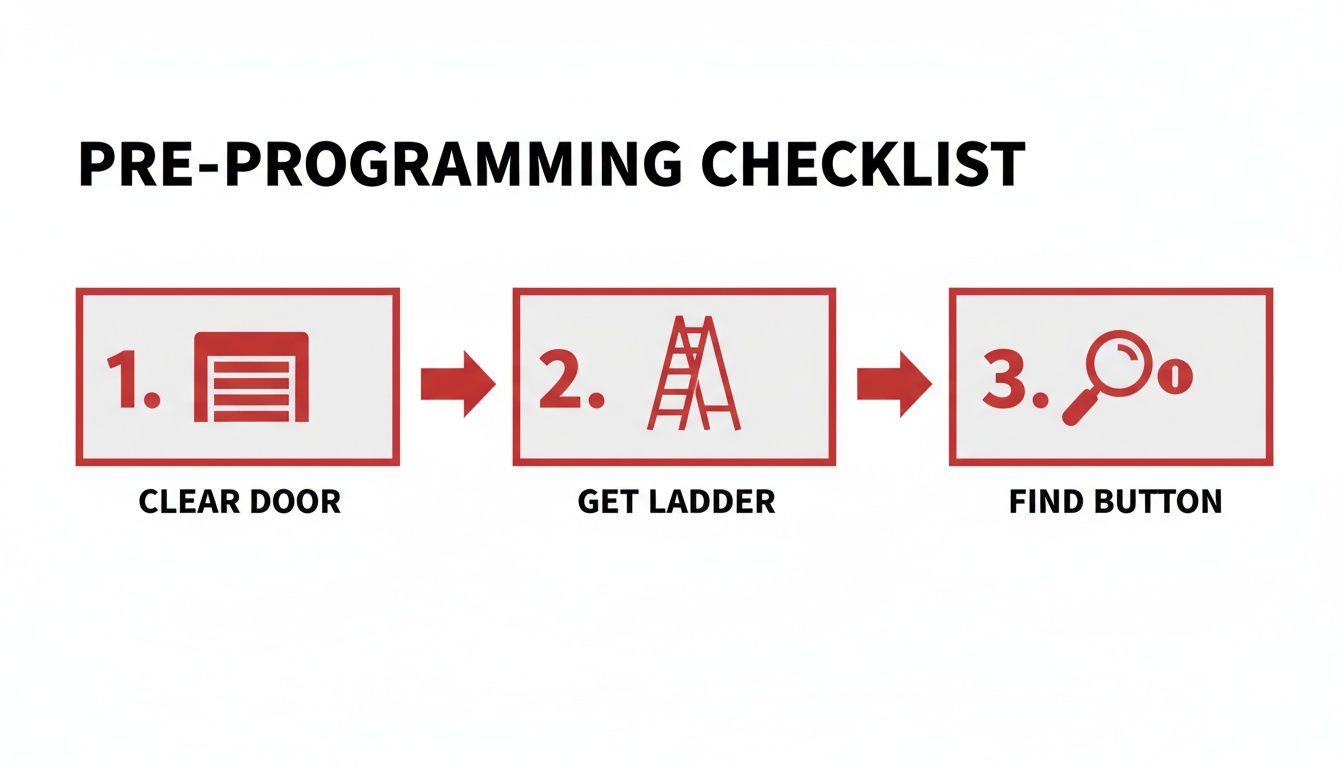 A pre-programming checklist showing three steps: clear door, get ladder, and find button.