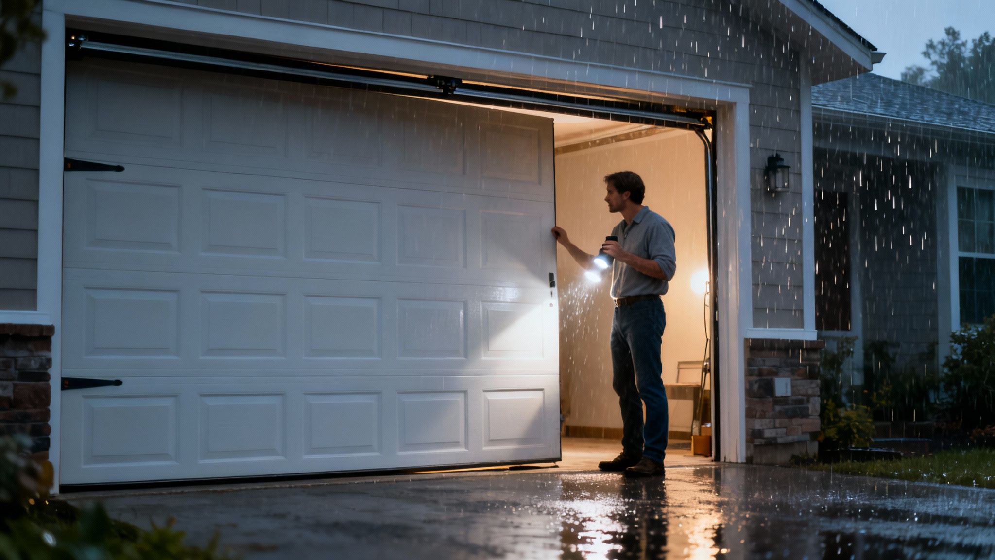 A man with a flashlight inspects his partially open garage door during a rainy night.