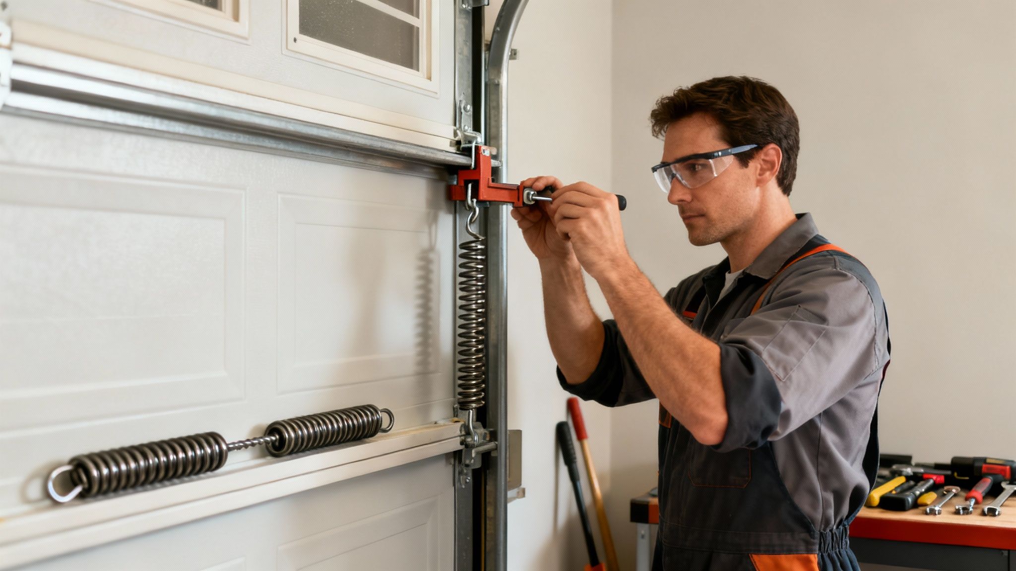 A professional technician carefully replacing a garage door torsion spring.