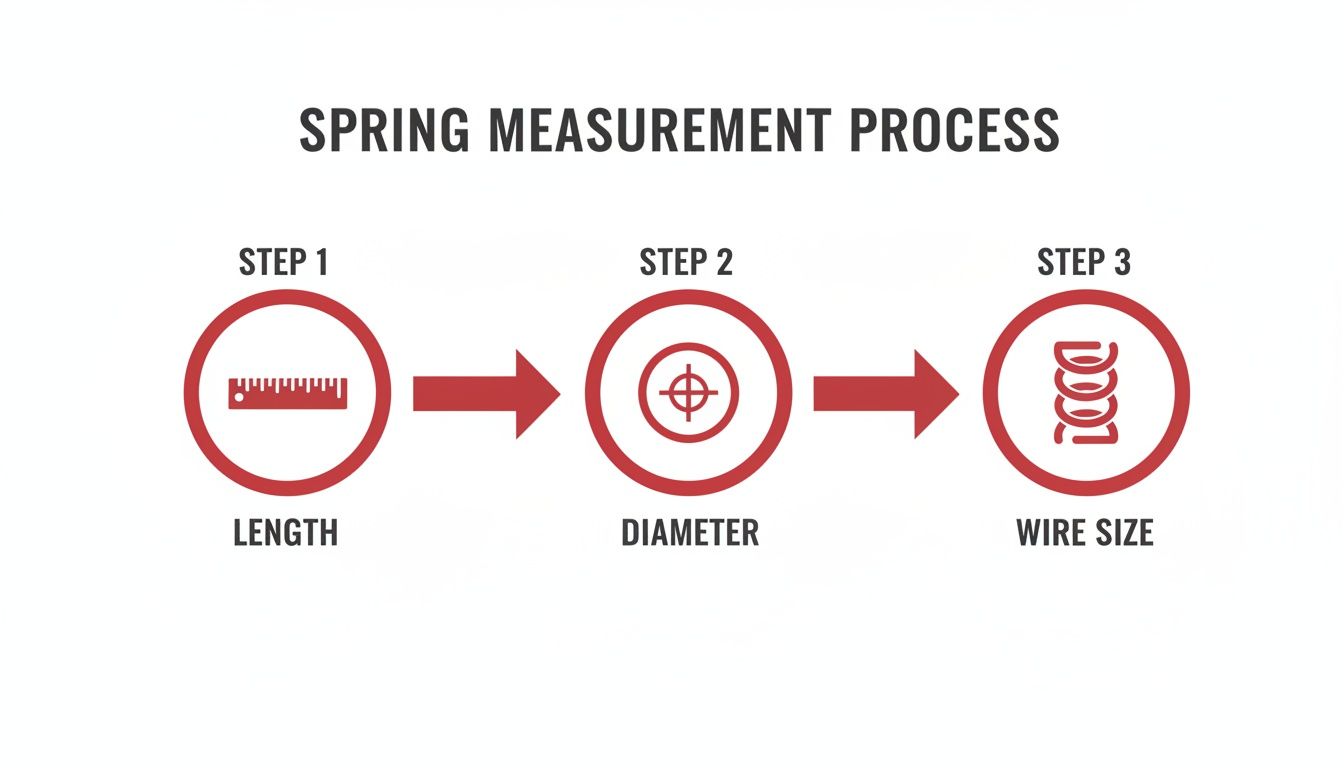 Diagram illustrating the three-step spring measurement process for length, diameter, and wire size.