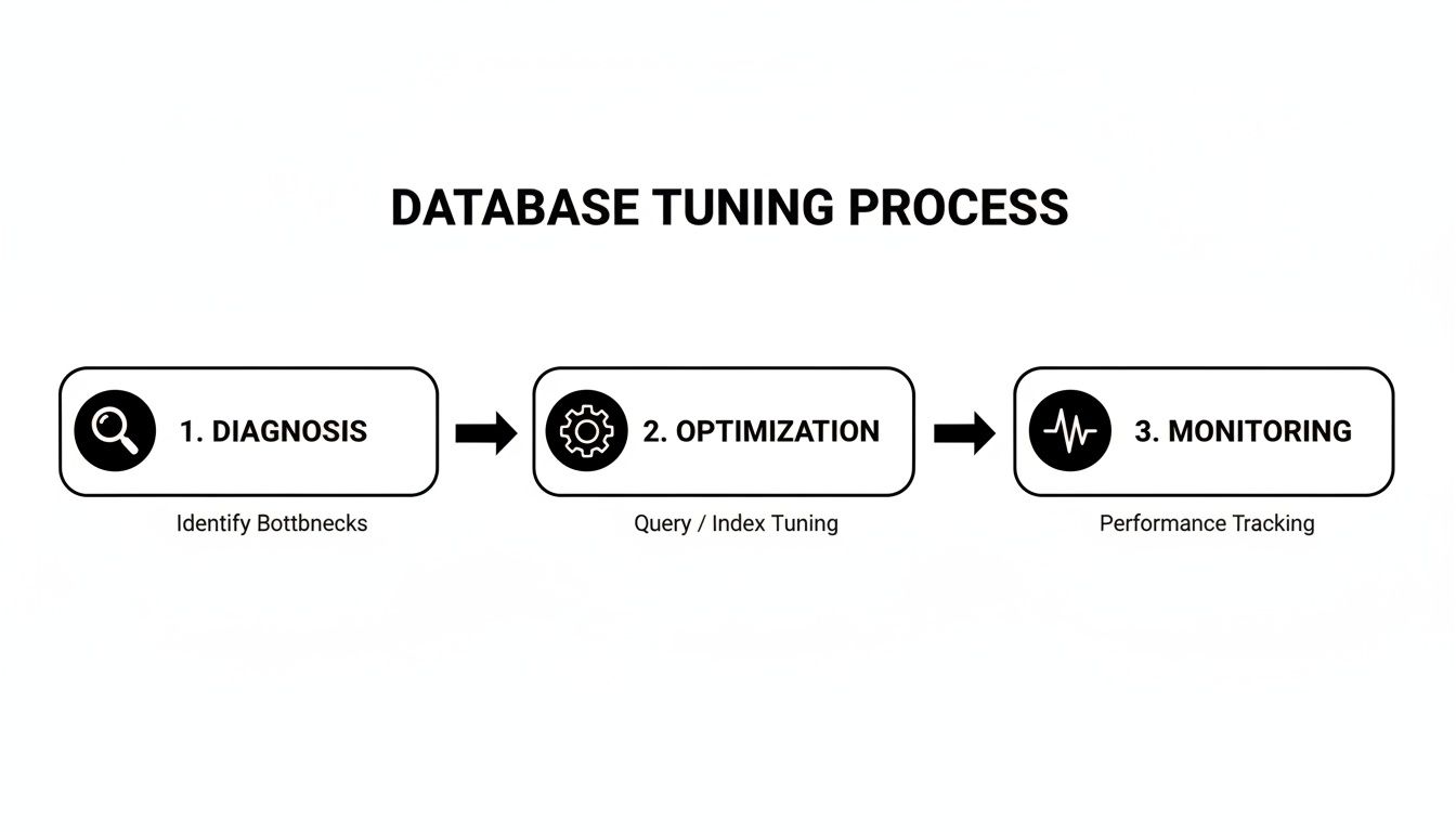 Flowchart illustrating the database tuning process with three steps: diagnosis, optimization, and monitoring.