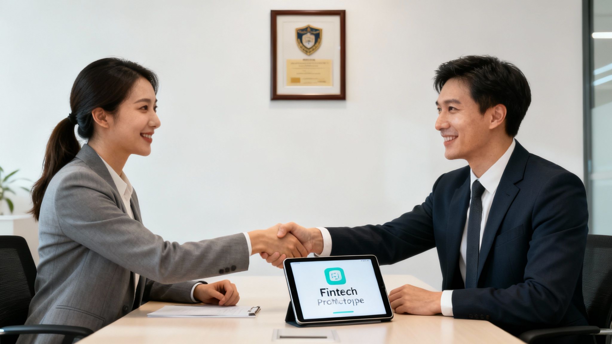Two smiling business professionals shaking hands over a table with a 'Fintech Prototype' tablet.